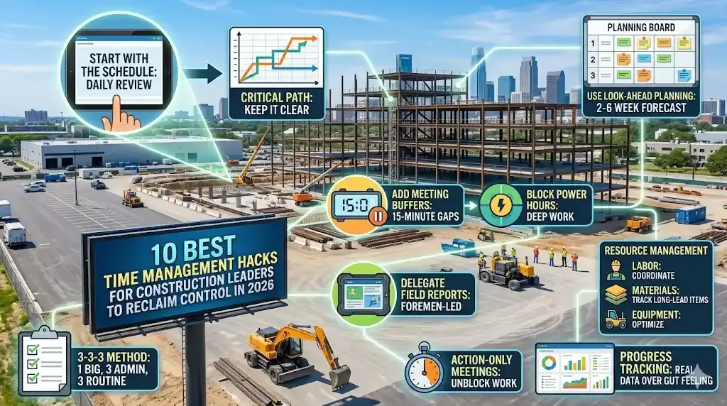 Visual infographic of 10 construction time management hacks on a job site.