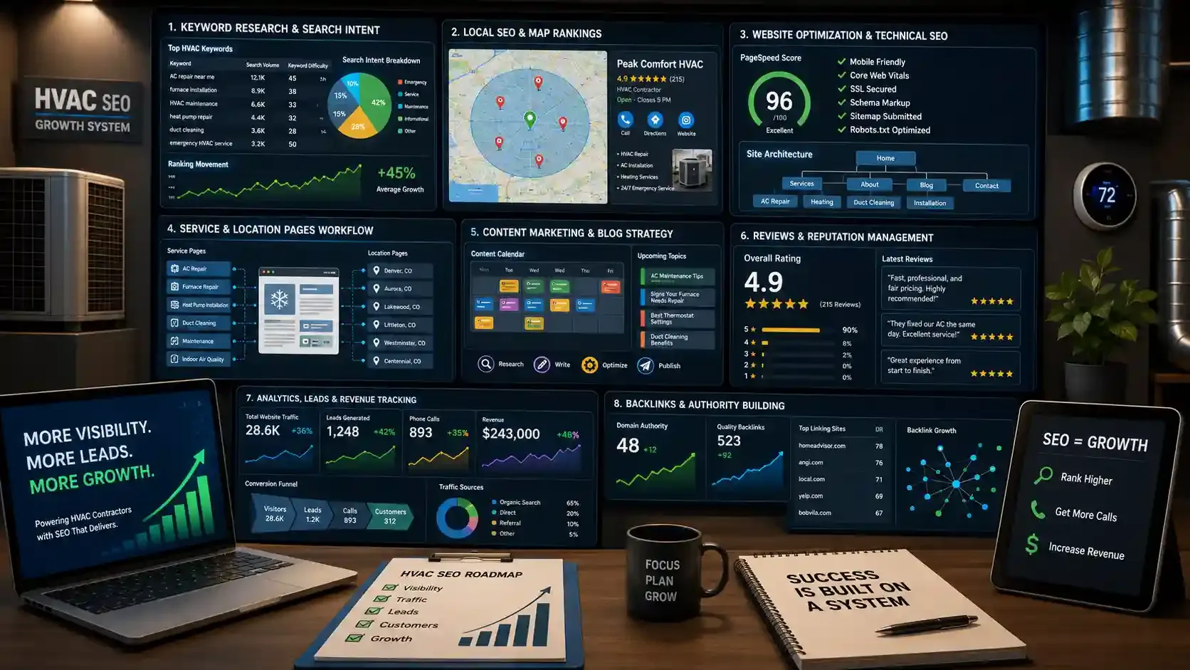 HVAC SEO workflow dashboard showing local search growth systems