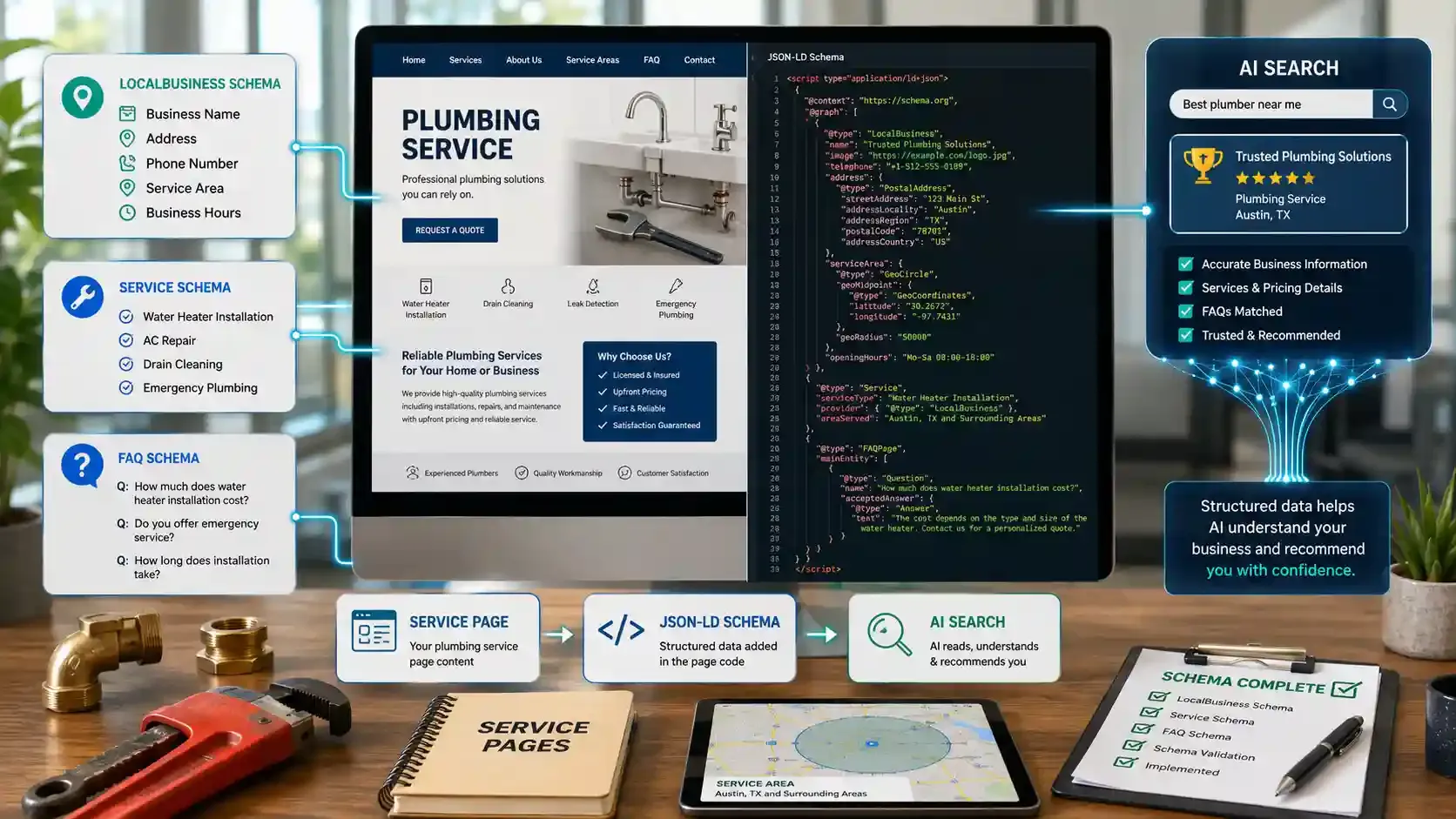 Schema markup workflow for a plumbing service page boosting AI search visibility