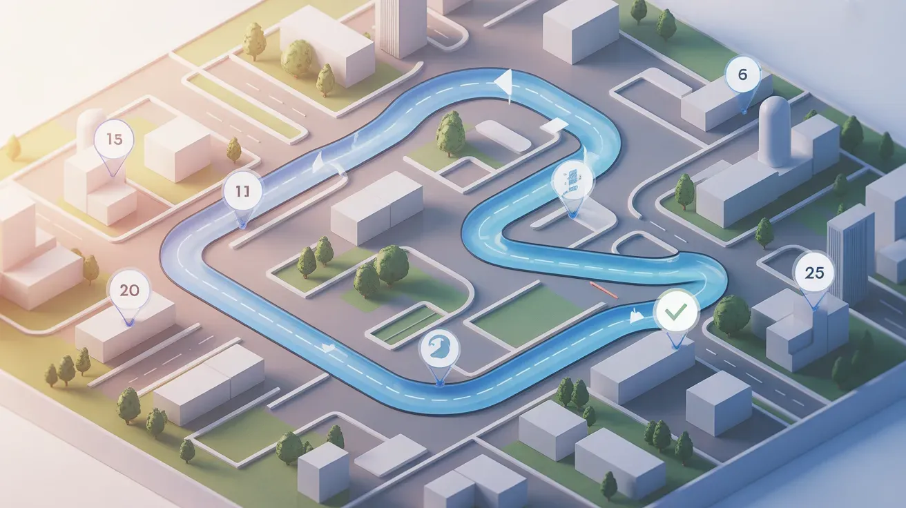 Isometric city map with highlighted route and numbered stop markers