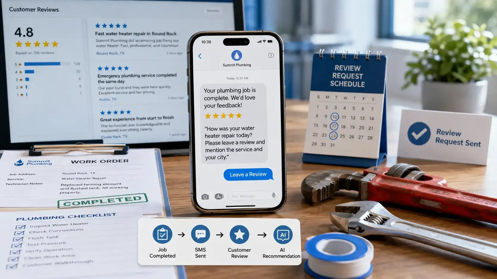 Automated plumbing review request SMS with tools and customer review workflow