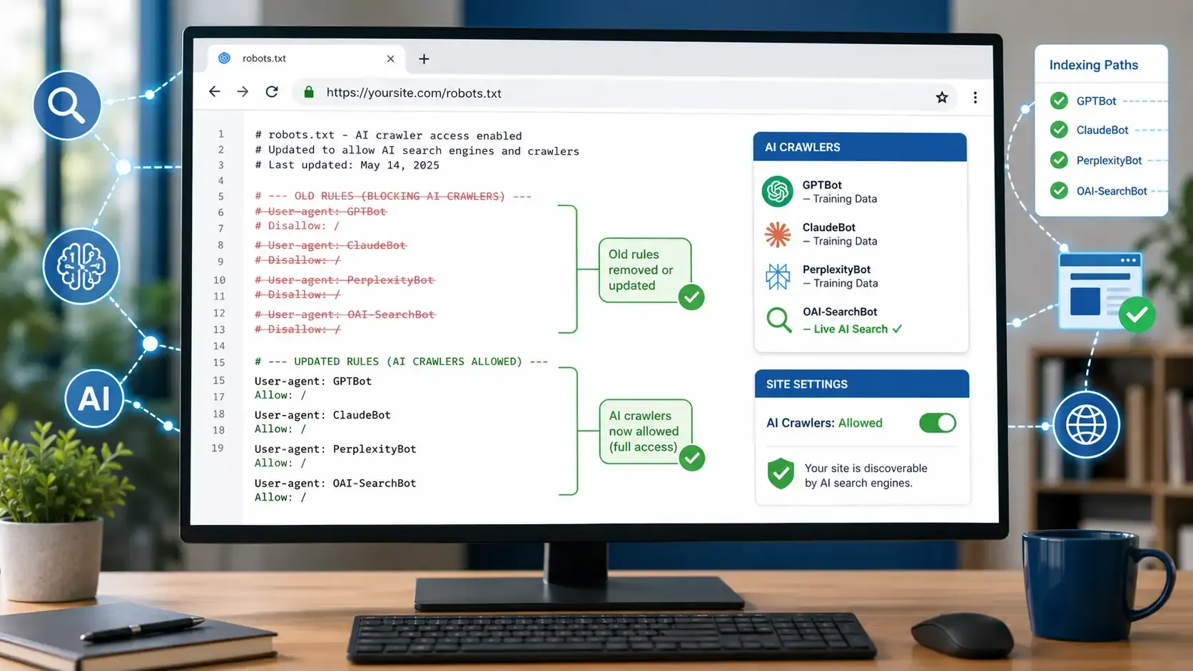 AI crawler access enabled in robots.txt with updated Allow rules dashboard 