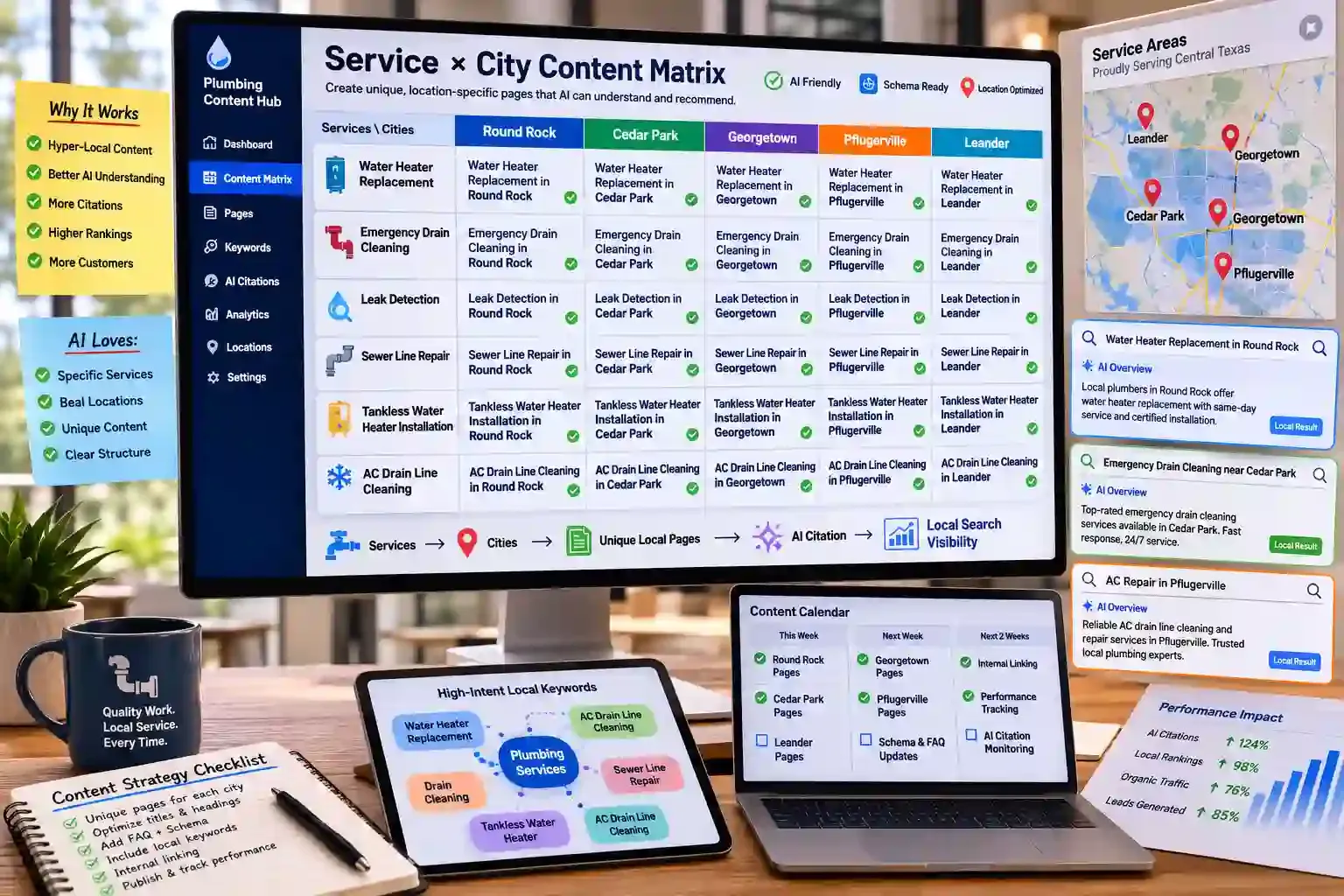Service-by-city plumbing SEO dashboard boosting local AI search visibility 