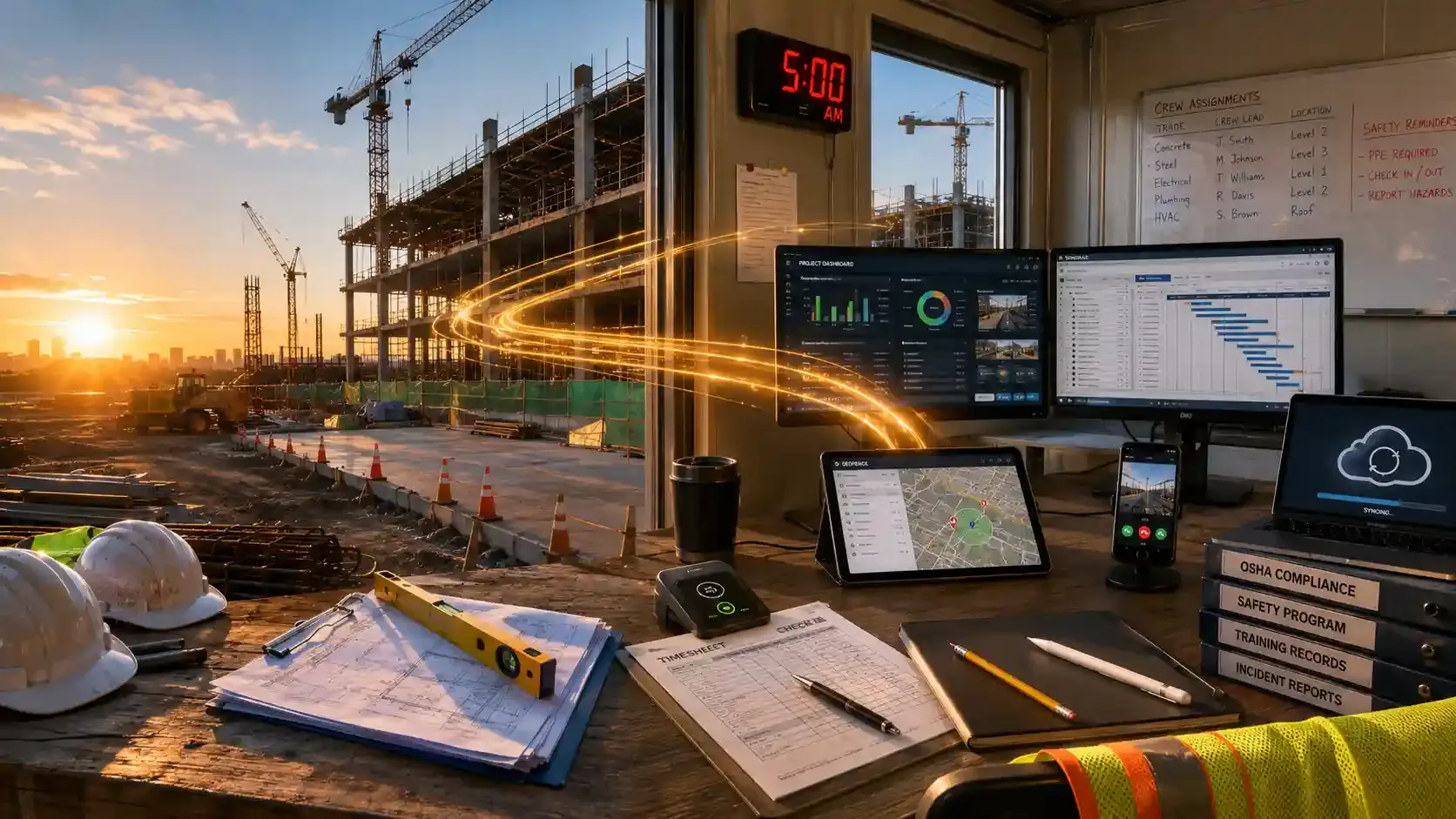 Hybrid construction site and digital office connected by project workflow
