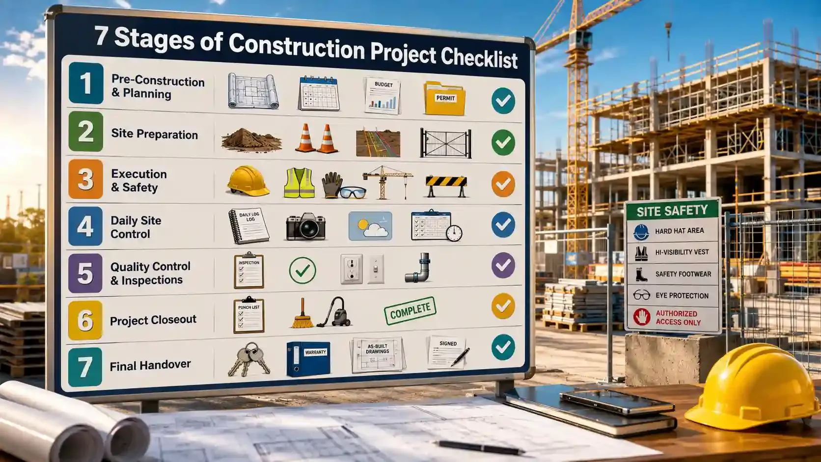 Construction project checklist board showing seven project stages