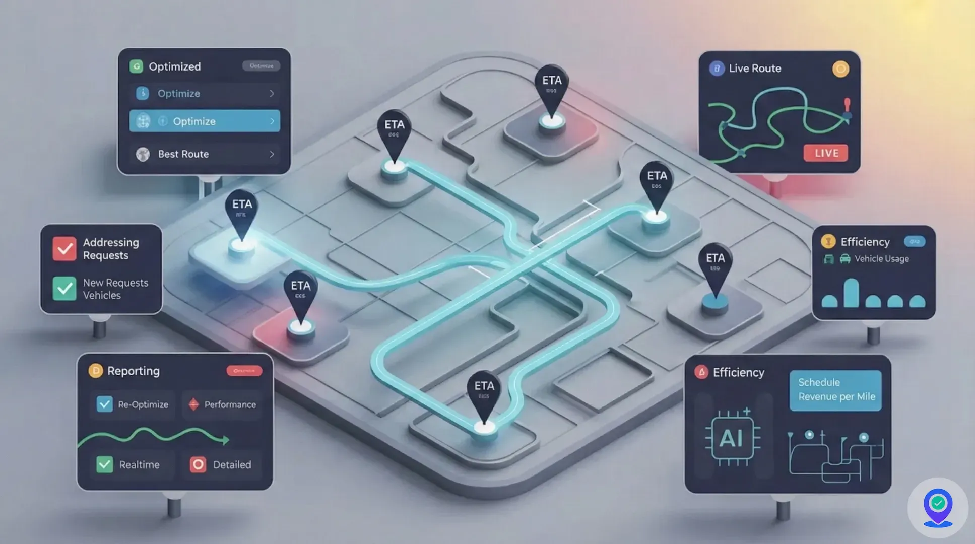 Route optimization dashboard showing ETA pins, live route and efficiency stats