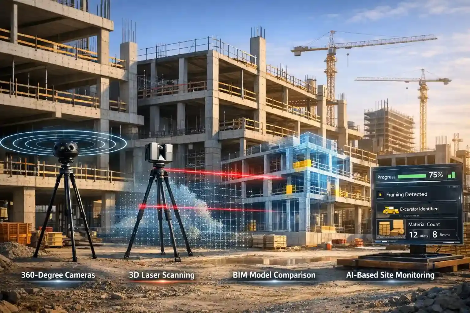 Automated construction monitoring with BIM, laser scanning, and AI site analytics