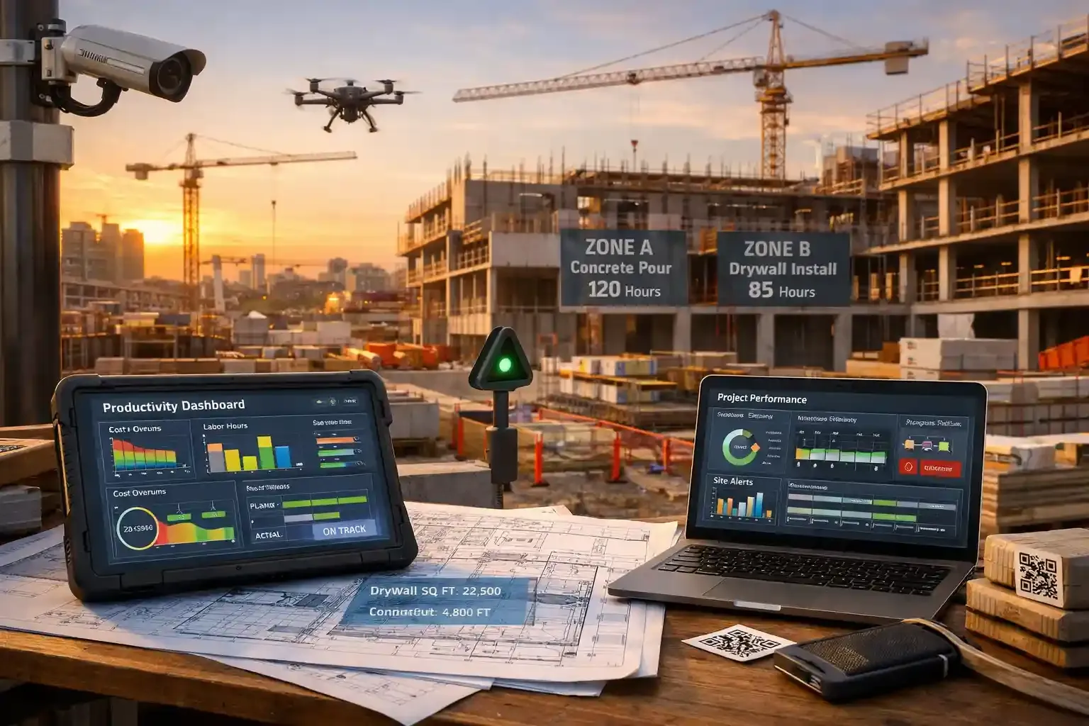 Construction site with productivity dashboard, drones, and tracking tech monitoring progress