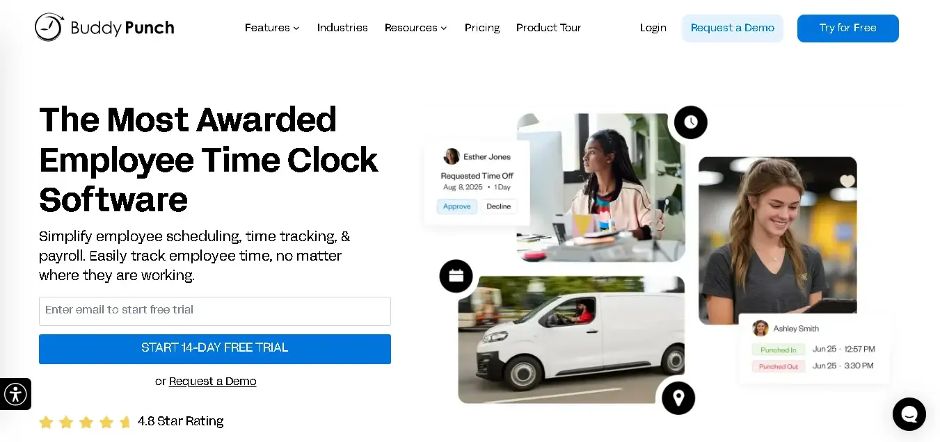 Buddy Punch website hero section for employee time clock software.