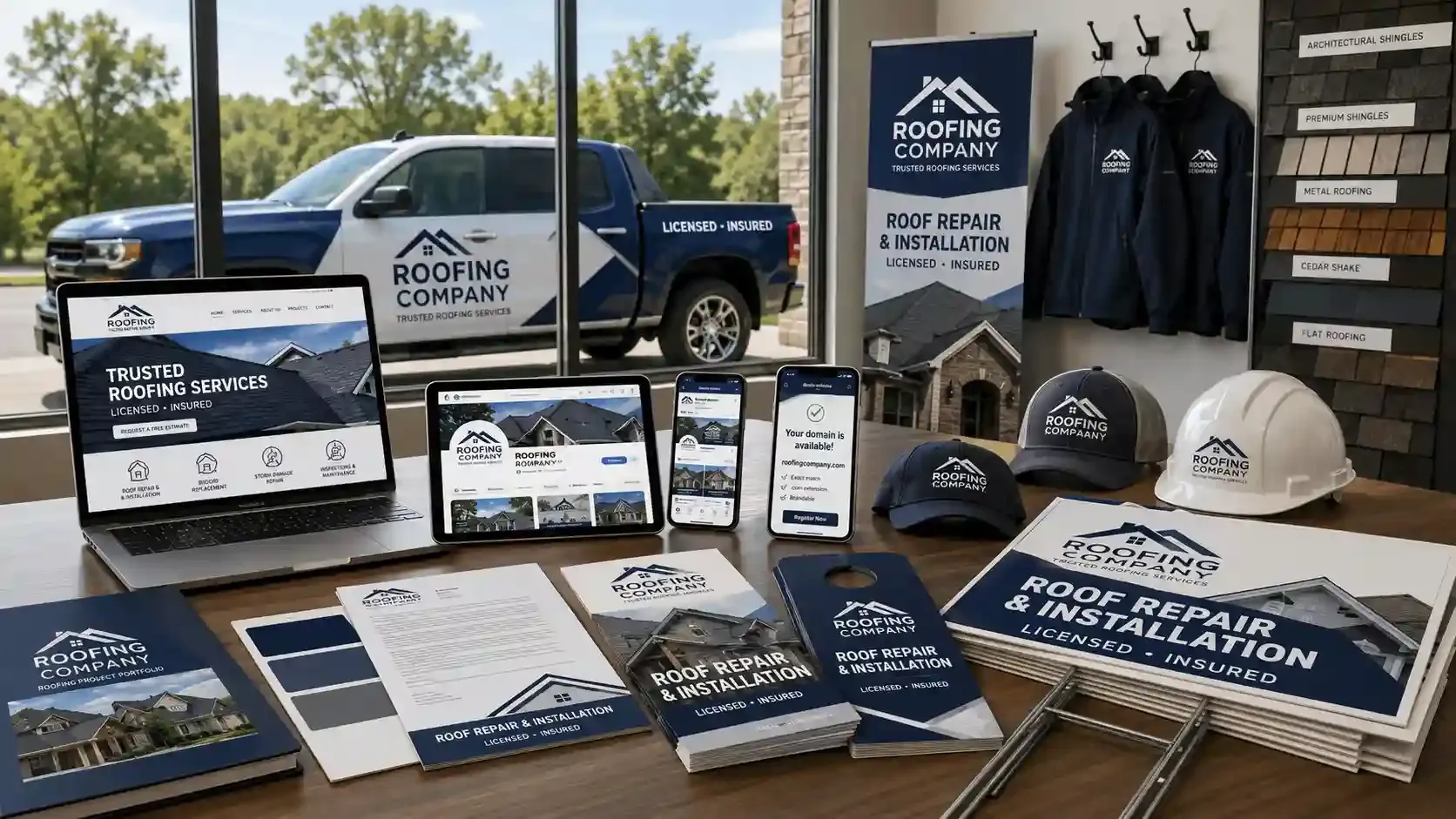 Roofing company branding package with truck, website, signs, and uniforms