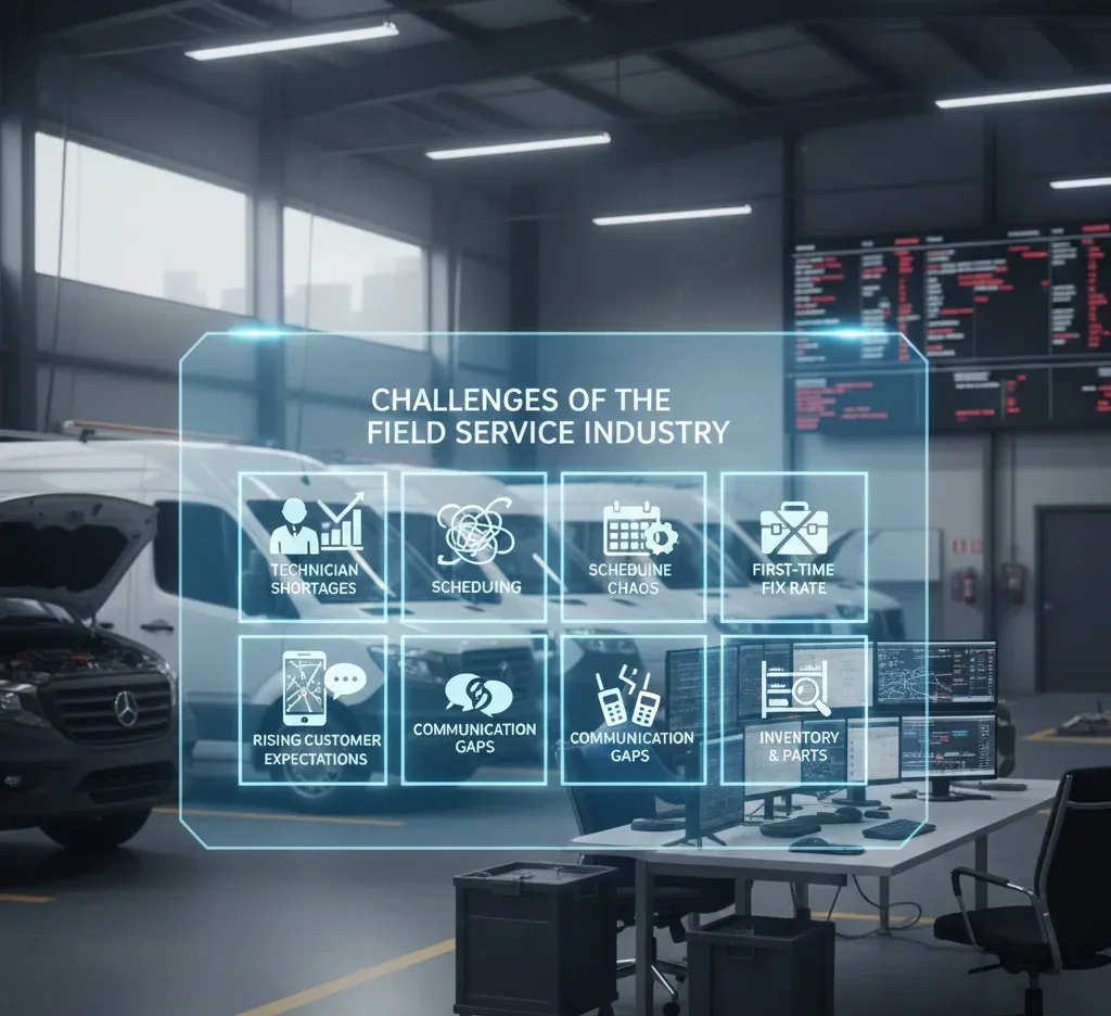 Field service challenges: scheduling, fixes, expectations, communication, parts.