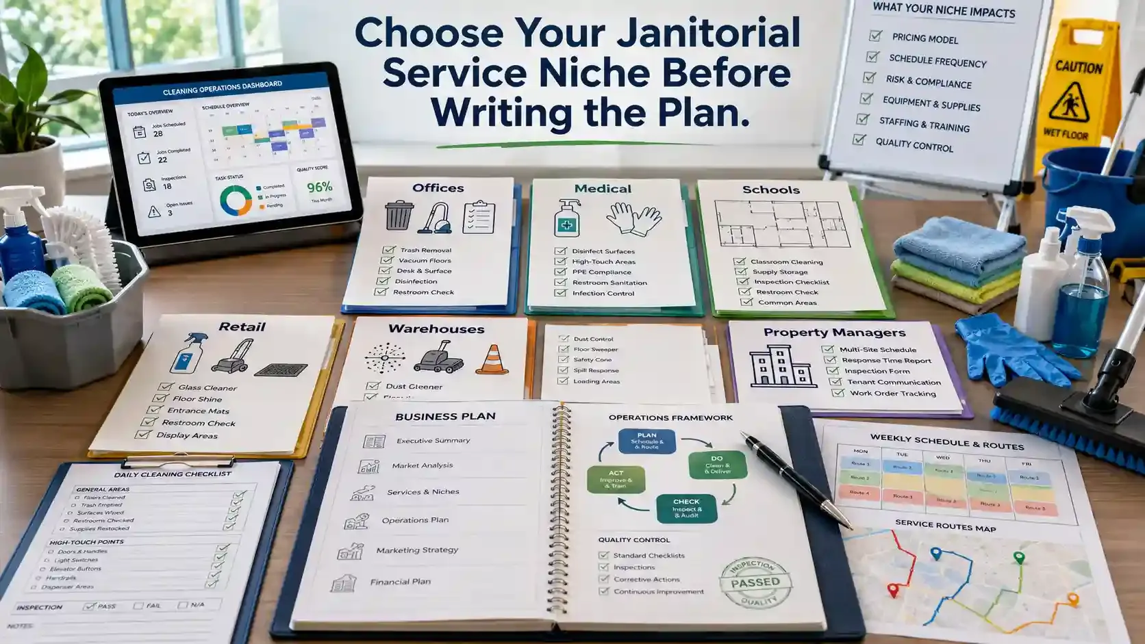 Janitorial niche planning desk with cleaning checklists and supplies