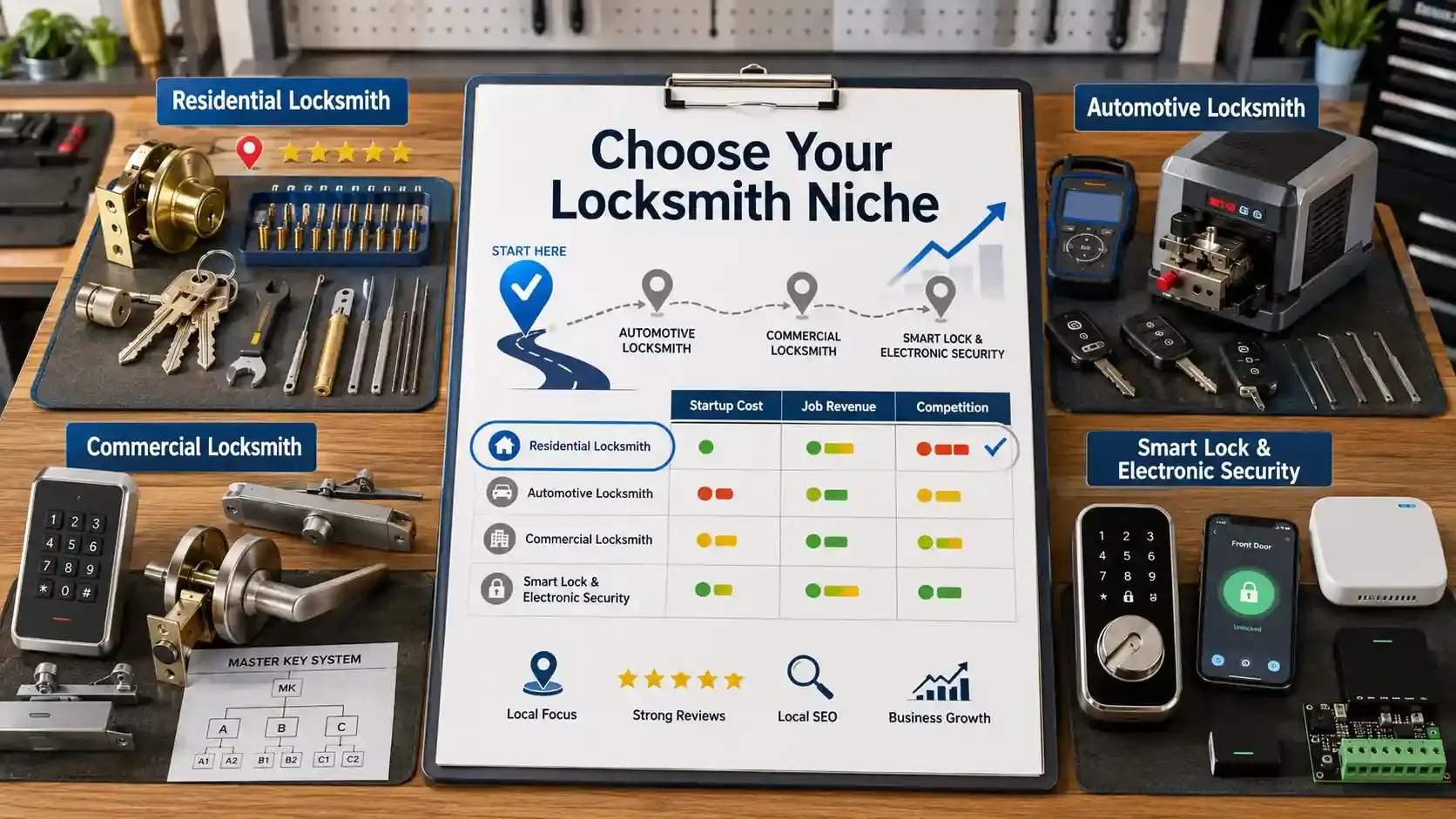 Locksmith niche planning board with residential path highlighted and tools