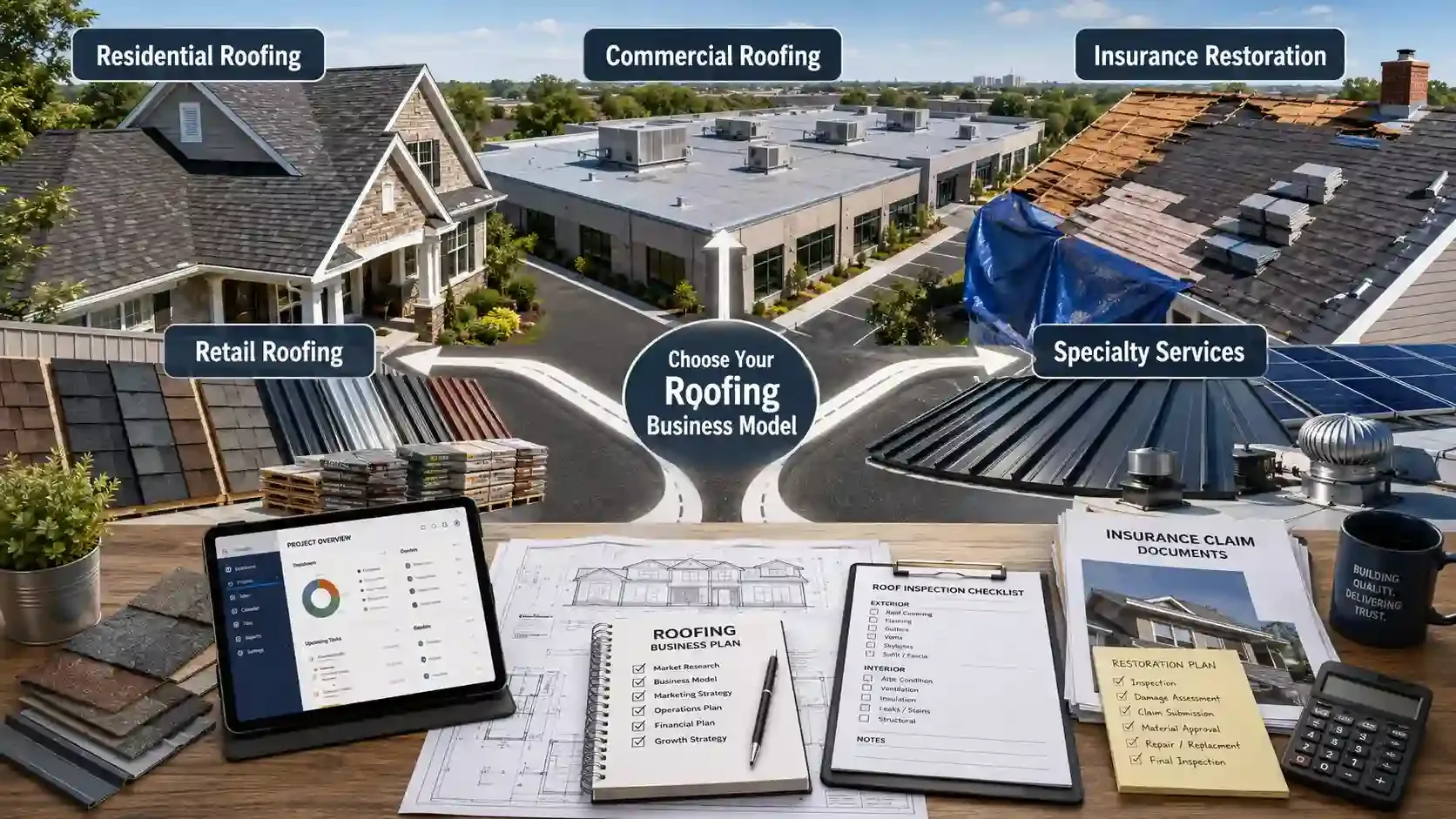 Roofing business model roadmap with residential, commercial, and repair paths