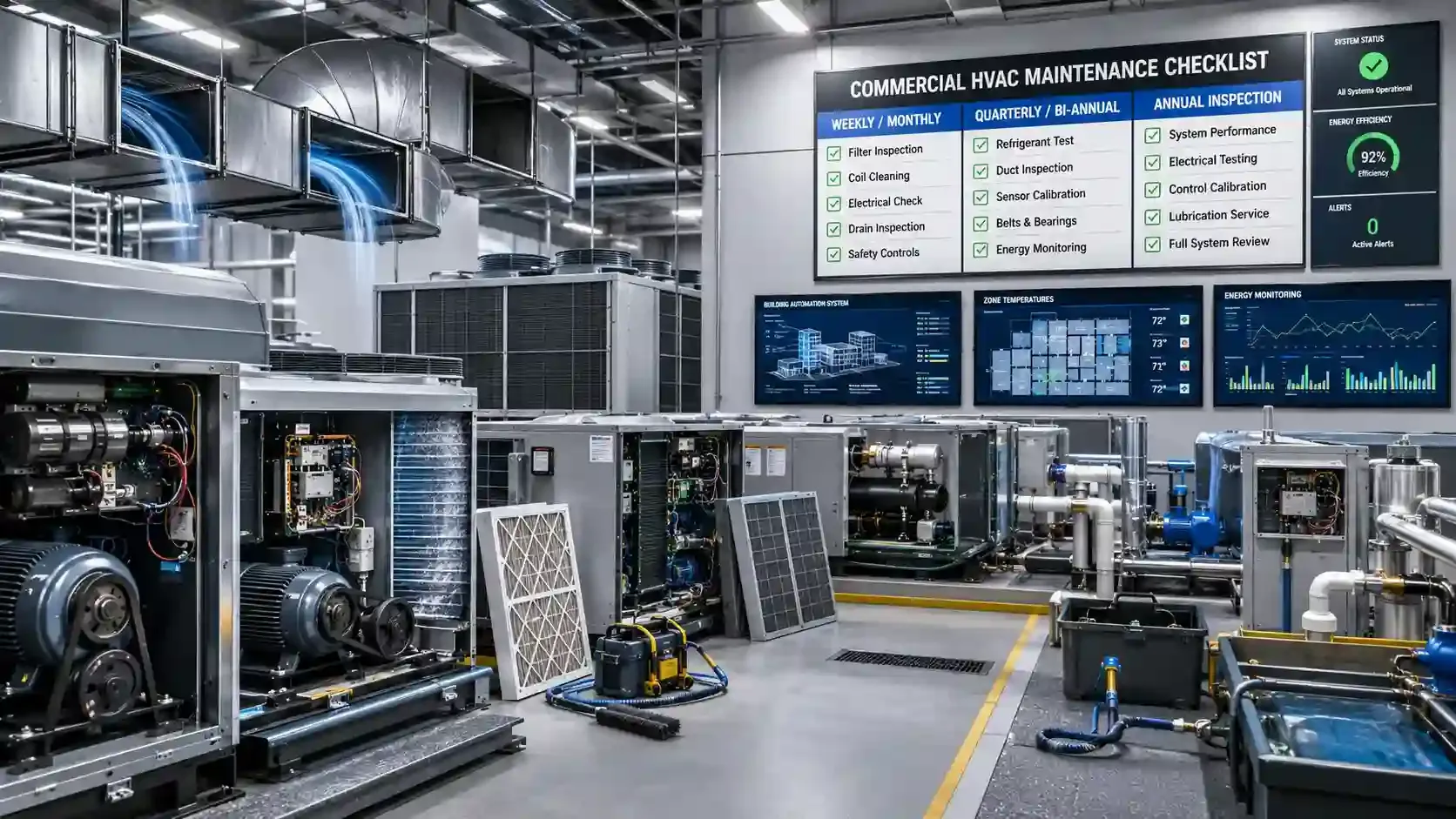 Commercial HVAC maintenance checklist with monitored equipment and airflow.