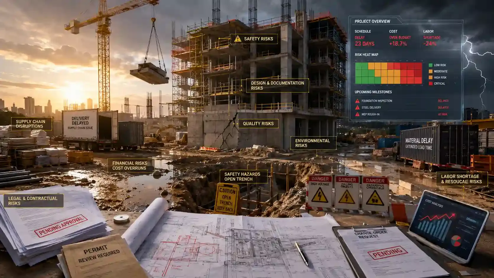 Construction site showing safety, delay, cost, and environmental risks