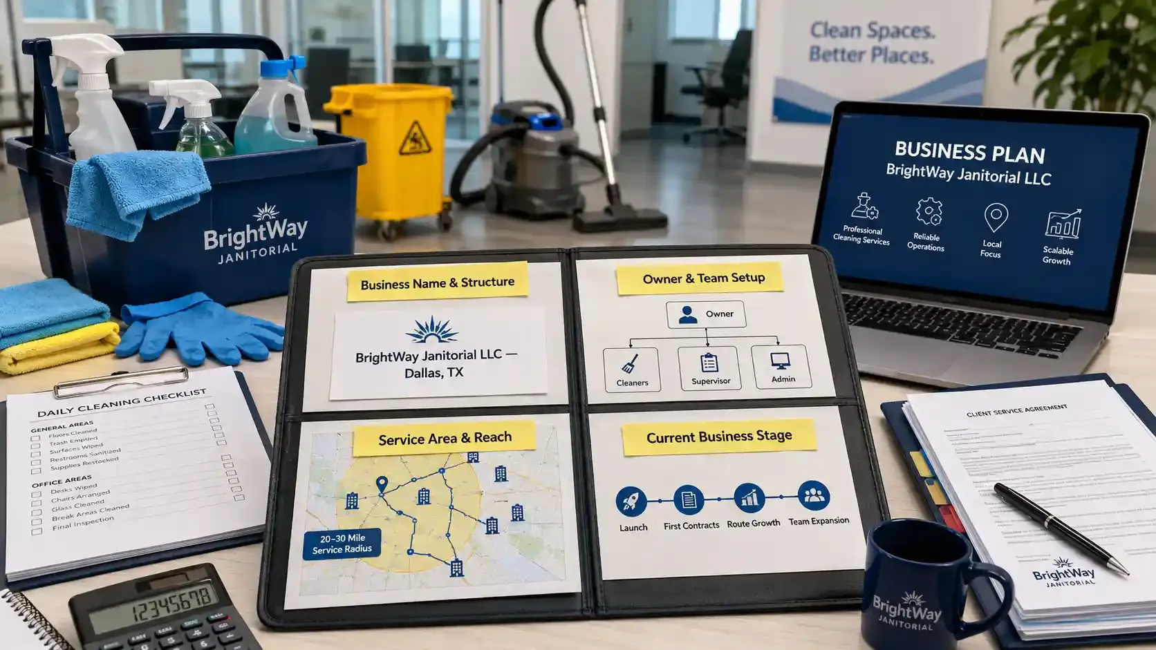 Janitorial business plan folder with cleaning tools and service map