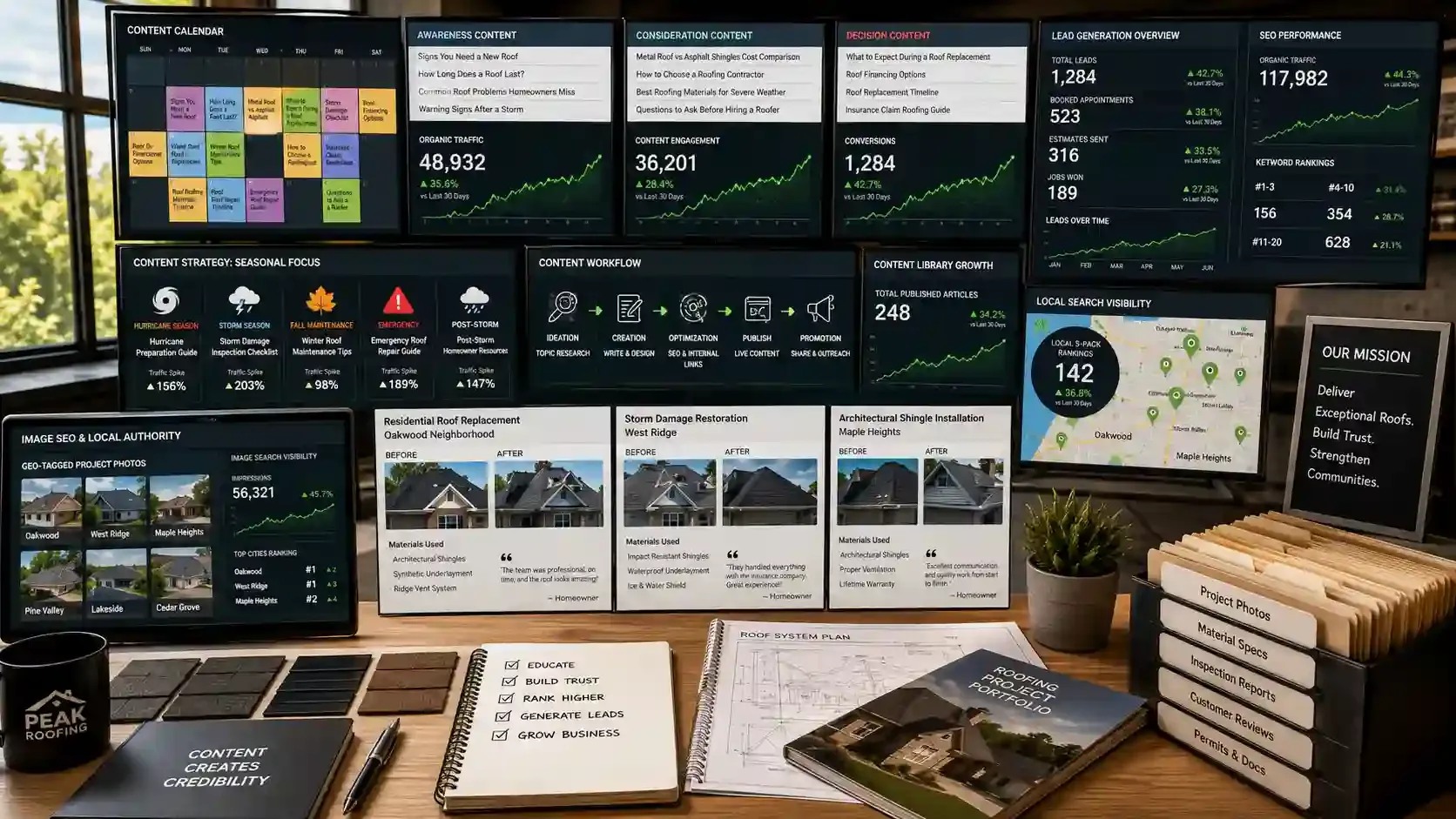 Roofing SEO command center showing content marketing, dashboards, and lead growth.