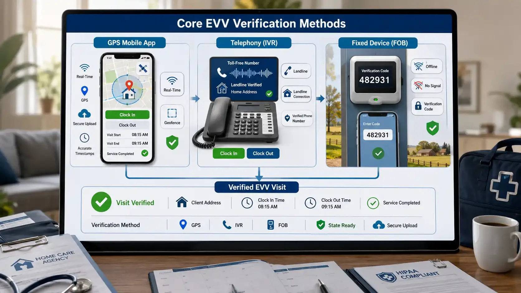 EVV verification methods dashboard showing GPS, IVR, and FOB workflows
