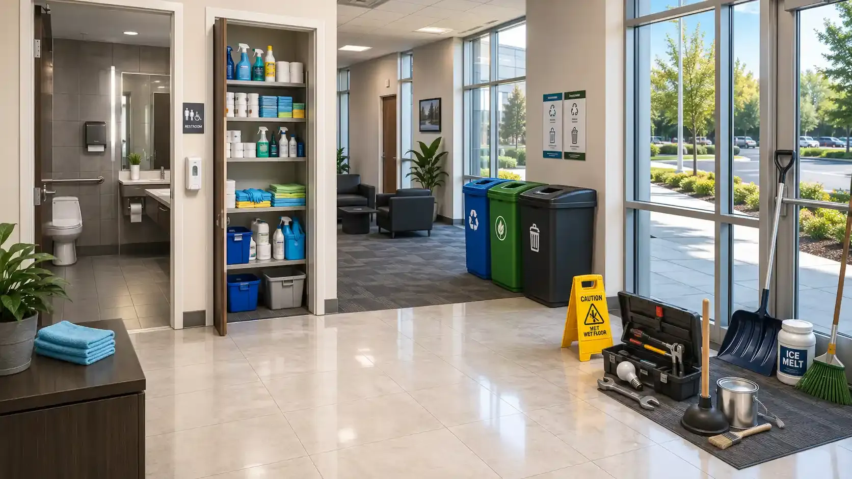 Core janitorial duties: cleaning, sanitation, waste, and facility maintenance
