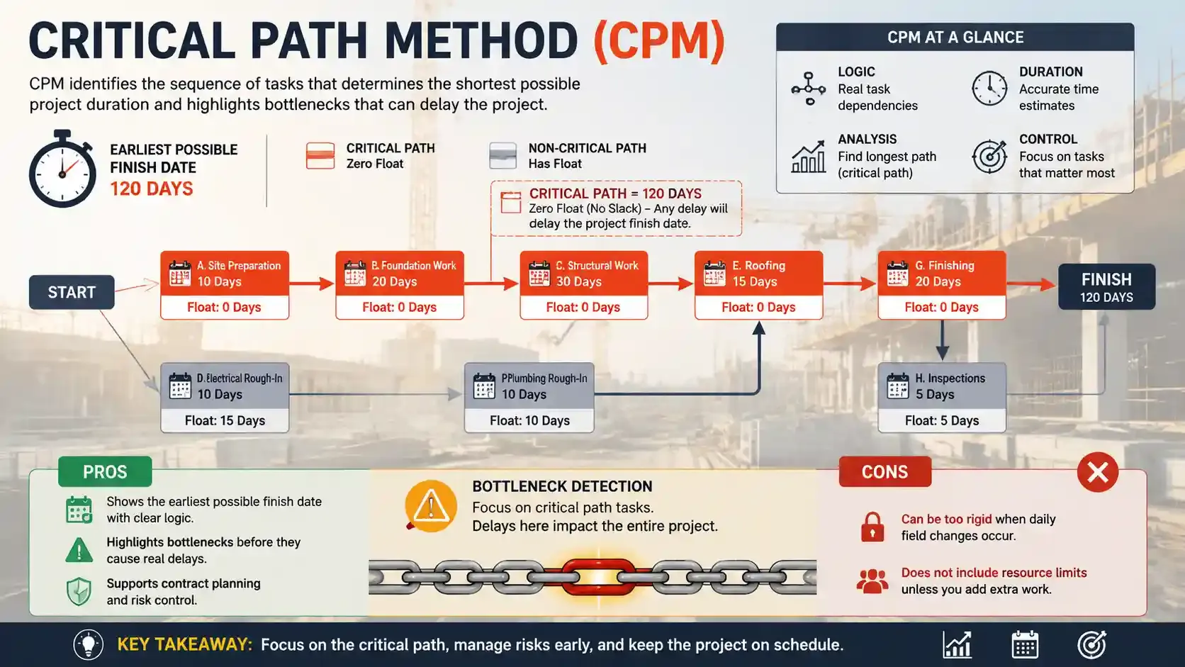 Infographic showing CPM schedule with critical path, tasks, and pros/cons.