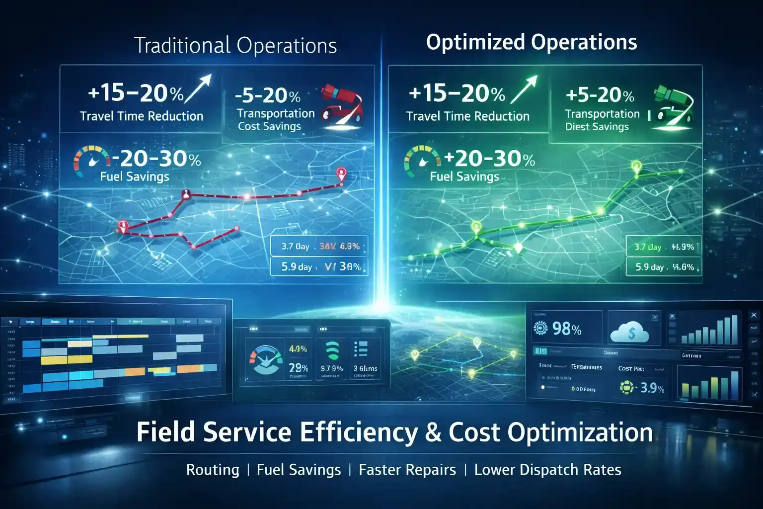 Field service routing dashboard showing cost and fuel savings metrics