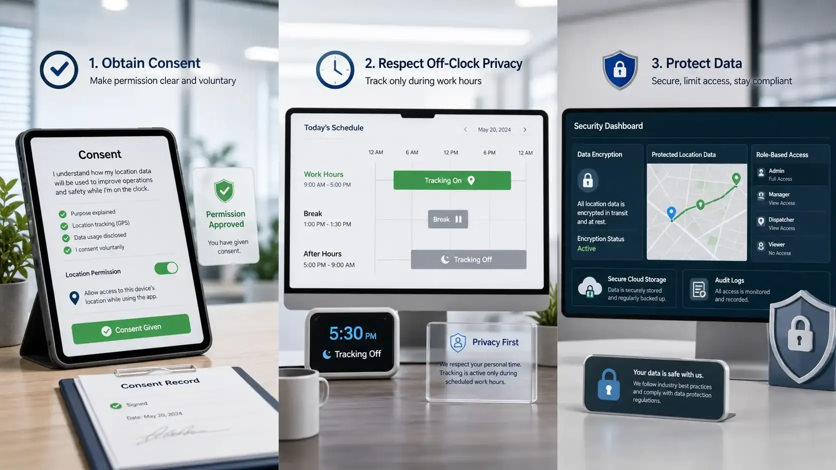 Ethical employee tracking: consent, privacy, and data protection in office UI 