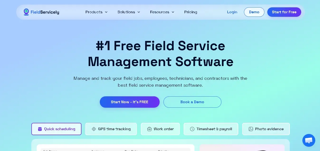 FieldServicely website hero section highlighting free management software.