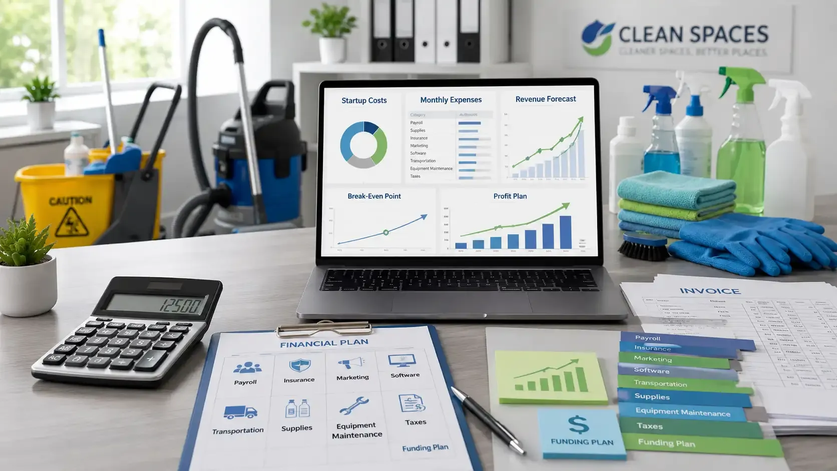 Janitorial financial plan with cleaning supplies, charts, and budget sheets