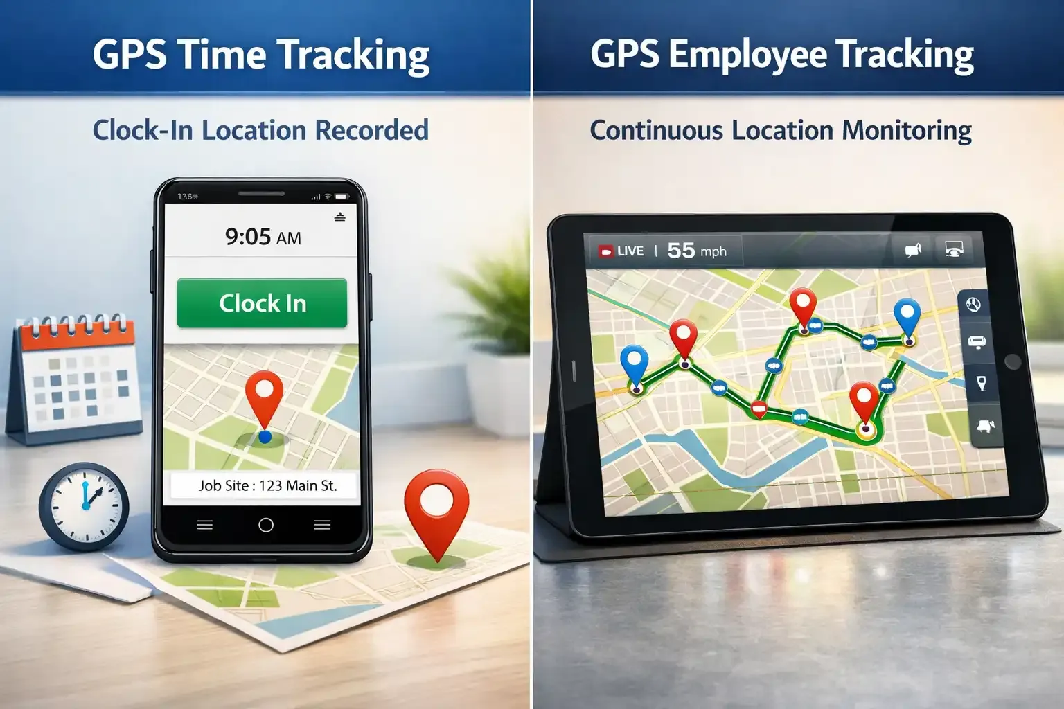 GPS time tracking vs GPS employee tracking dashboard comparison illustration