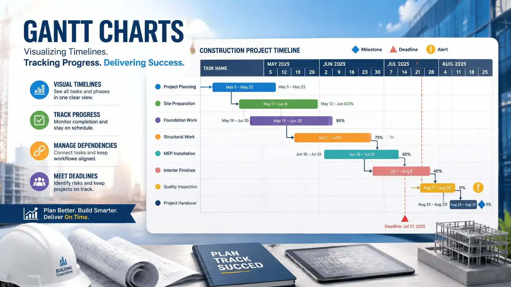 Gantt chart showing construction tasks, timelines, progress, and milestones.
