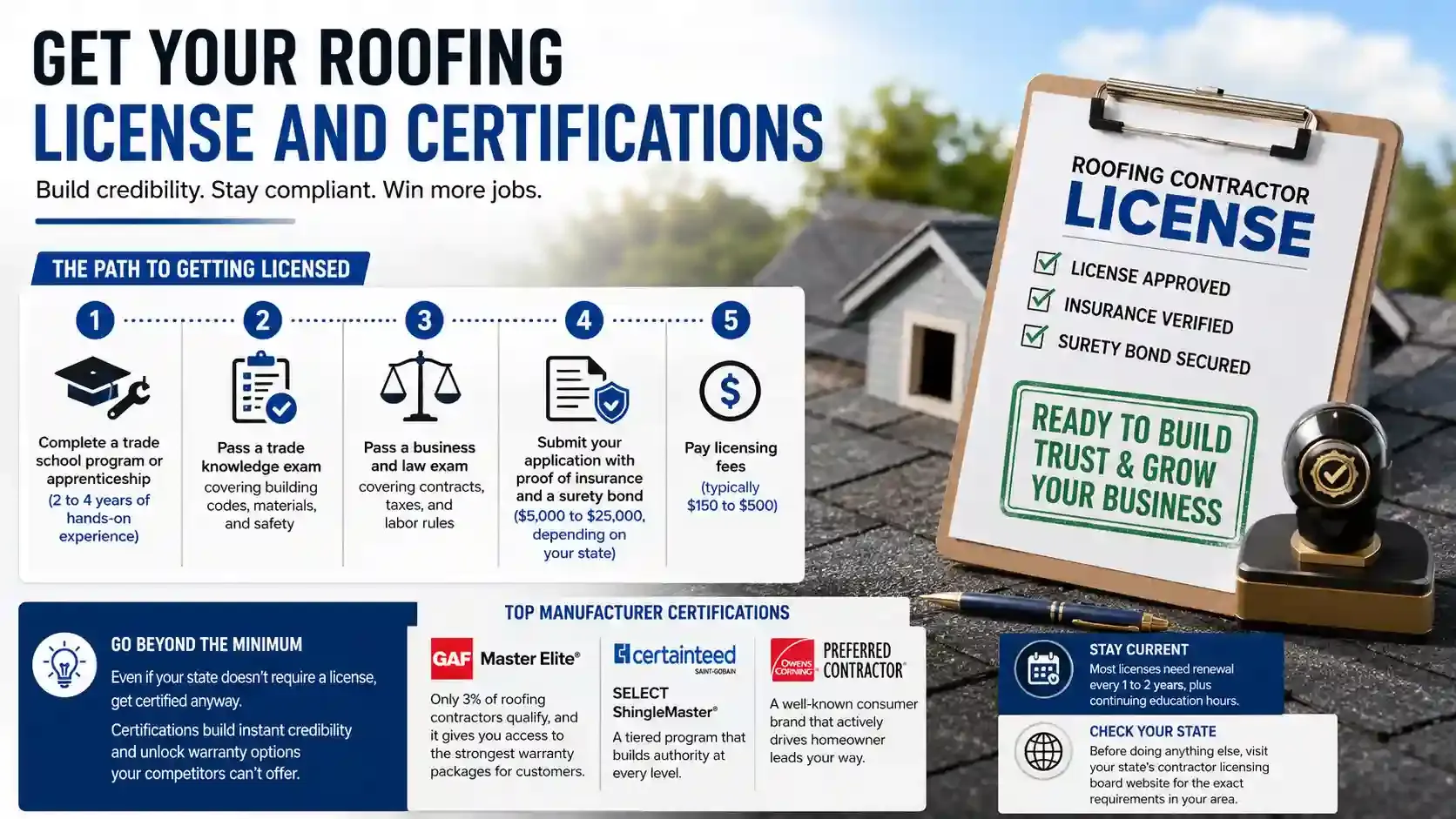 Roofing license and certification process with contractor approval checklist.