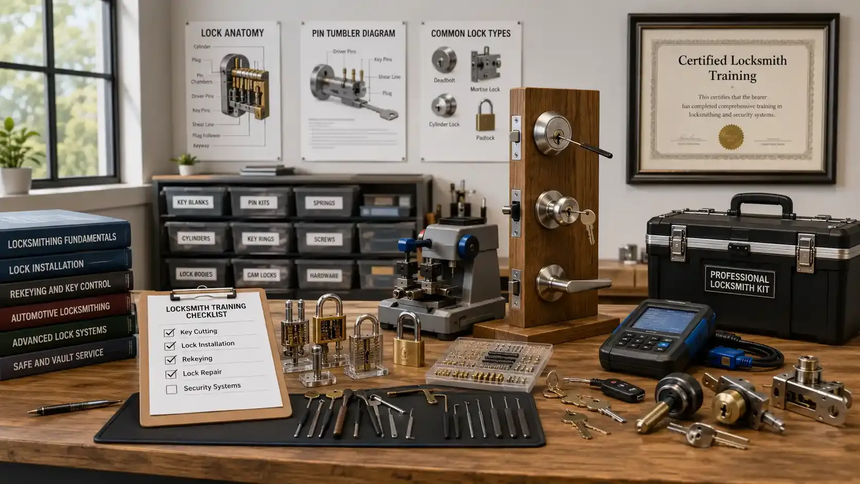 Locksmith training workshop with practice locks, tools, and certification