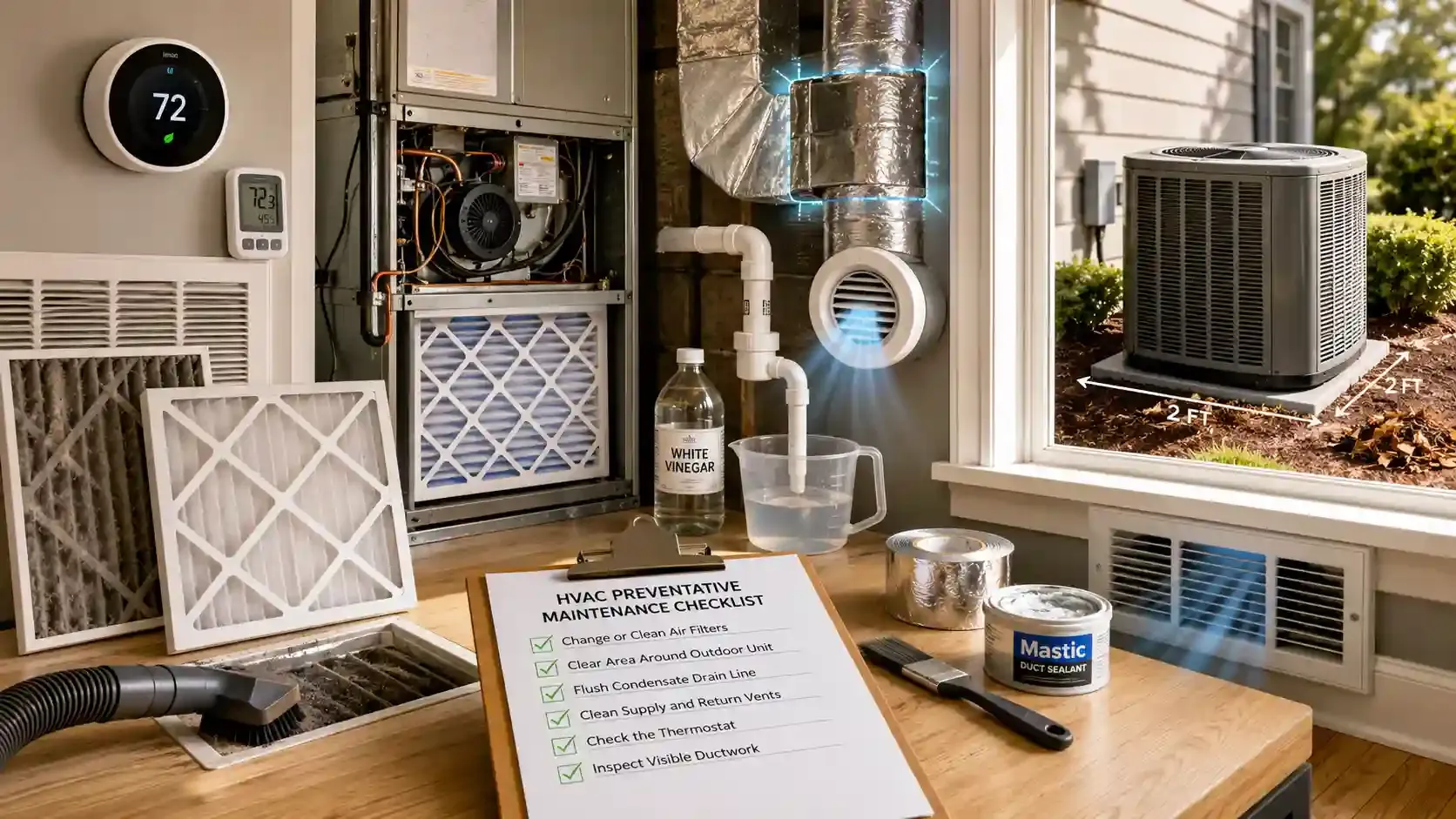 Modern HVAC maintenance setup showing filter changes, vent cleaning, and AC care