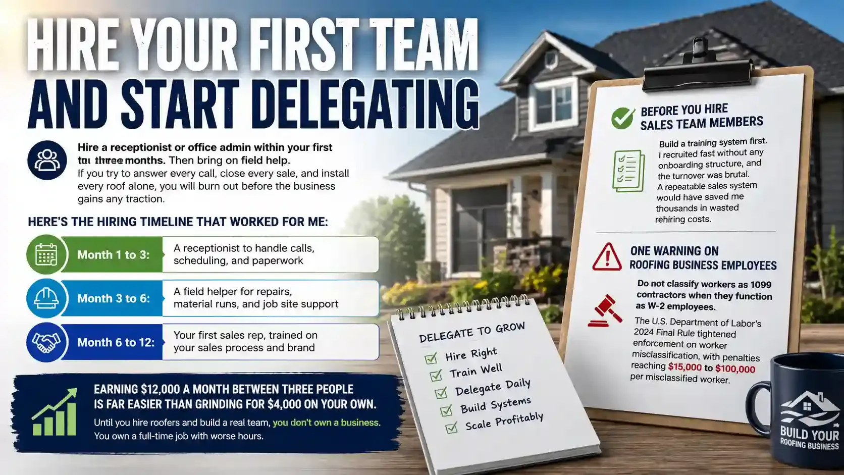 Roofing business hiring timeline with team delegation and growth steps