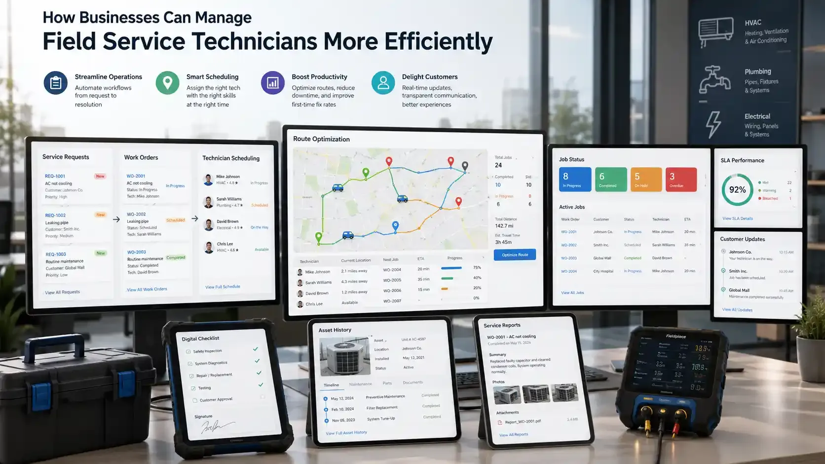Field service dashboard showing scheduling, routes, jobs, and SLA tracking