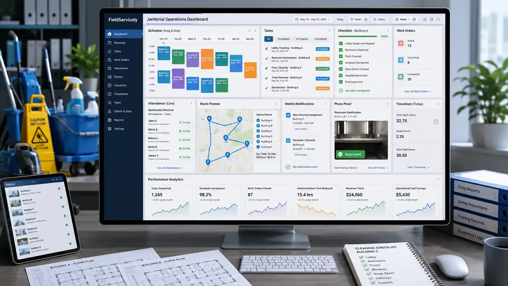 FieldServicely dashboard managing janitorial schedules, tasks, routes, and teams