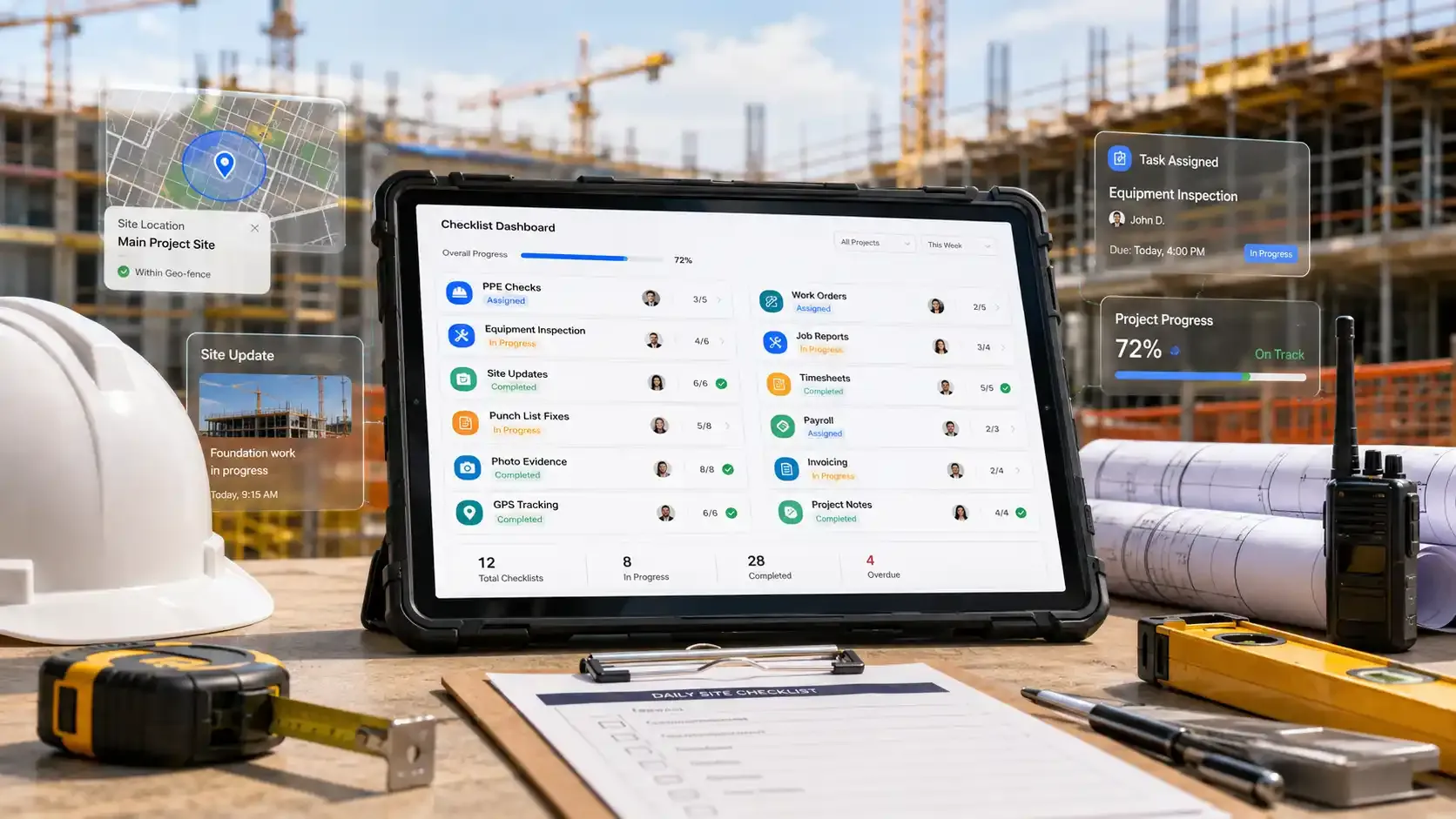 Digital construction checklist dashboard on tablet at job site