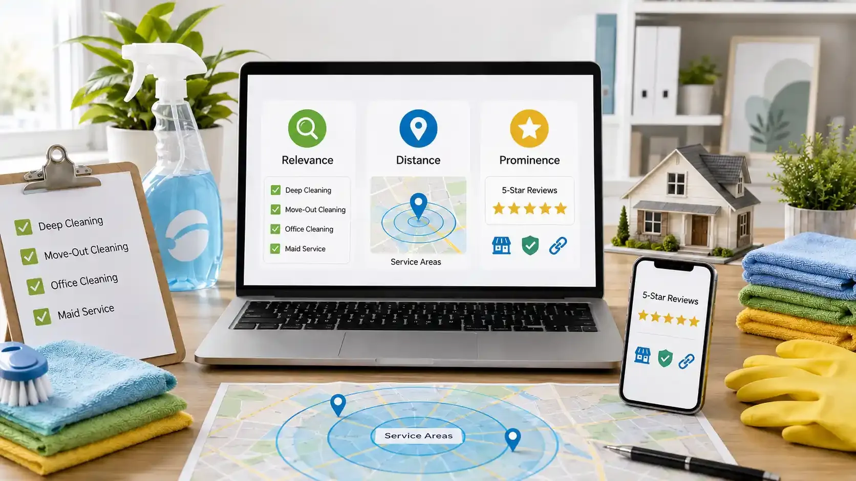 Laptop showing local SEO ranking factors for a cleaning business