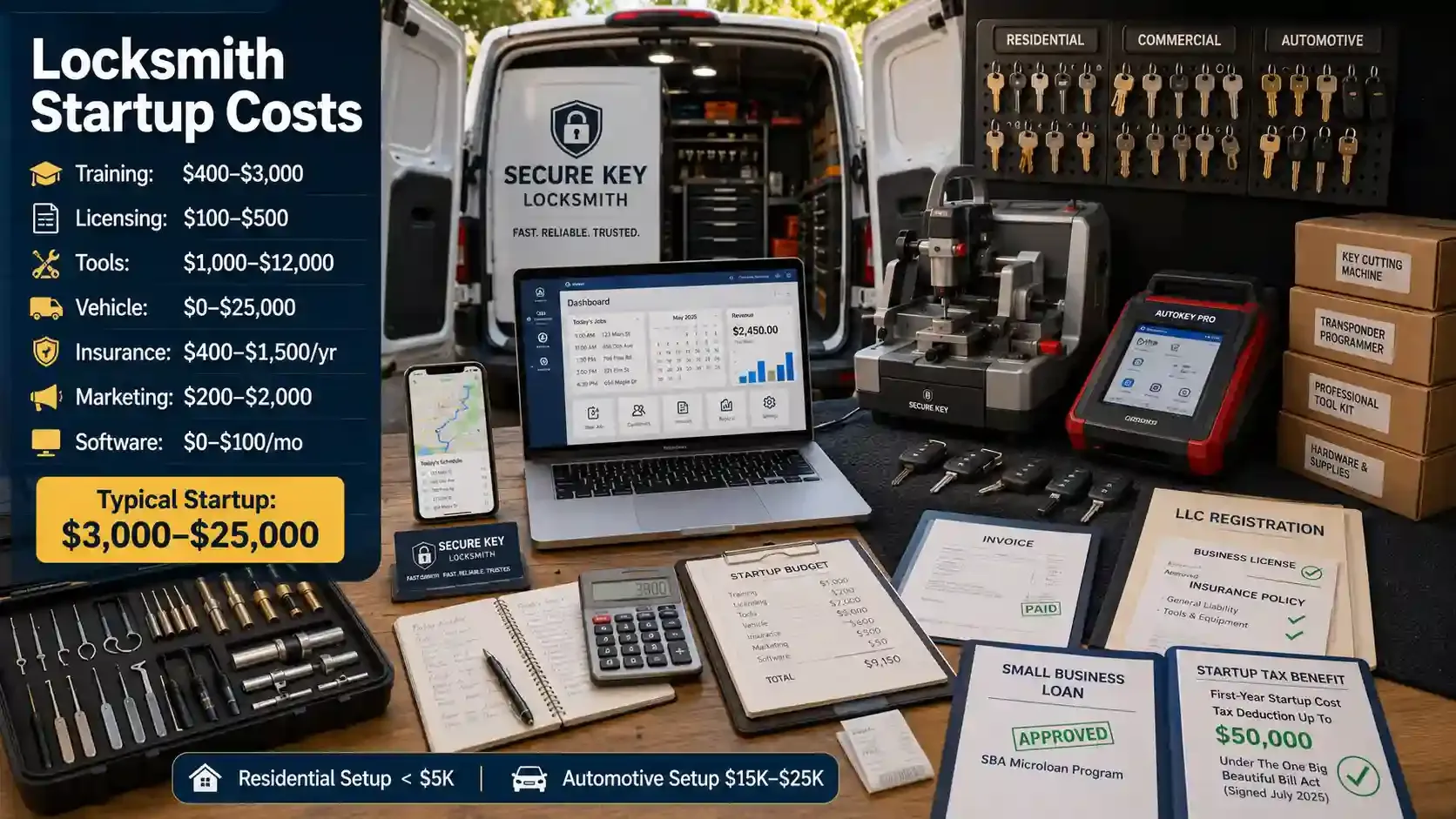 Locksmith startup cost breakdown with tools, van workspace, and business setup