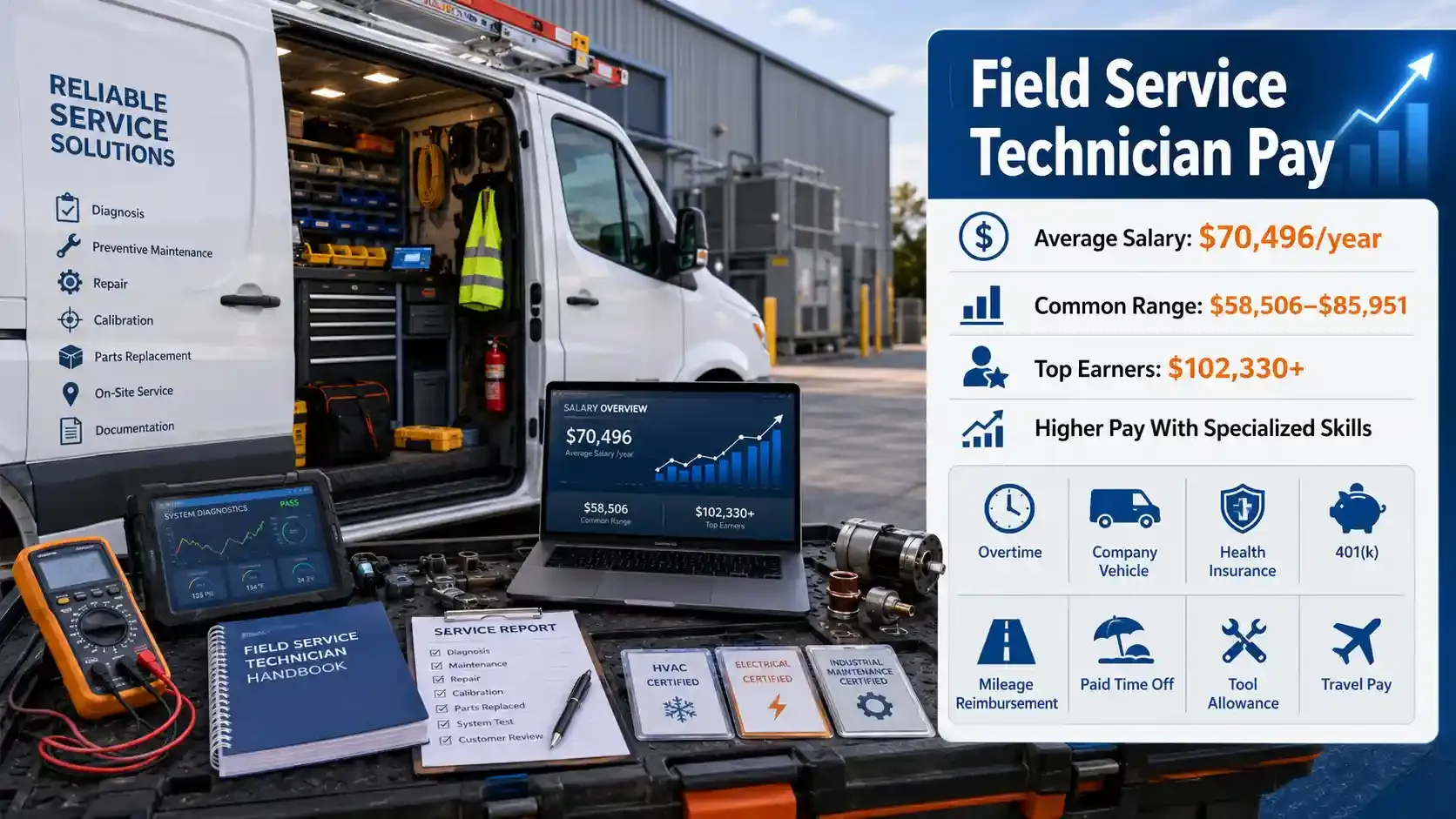 Field service technician van with salary and benefits infographic