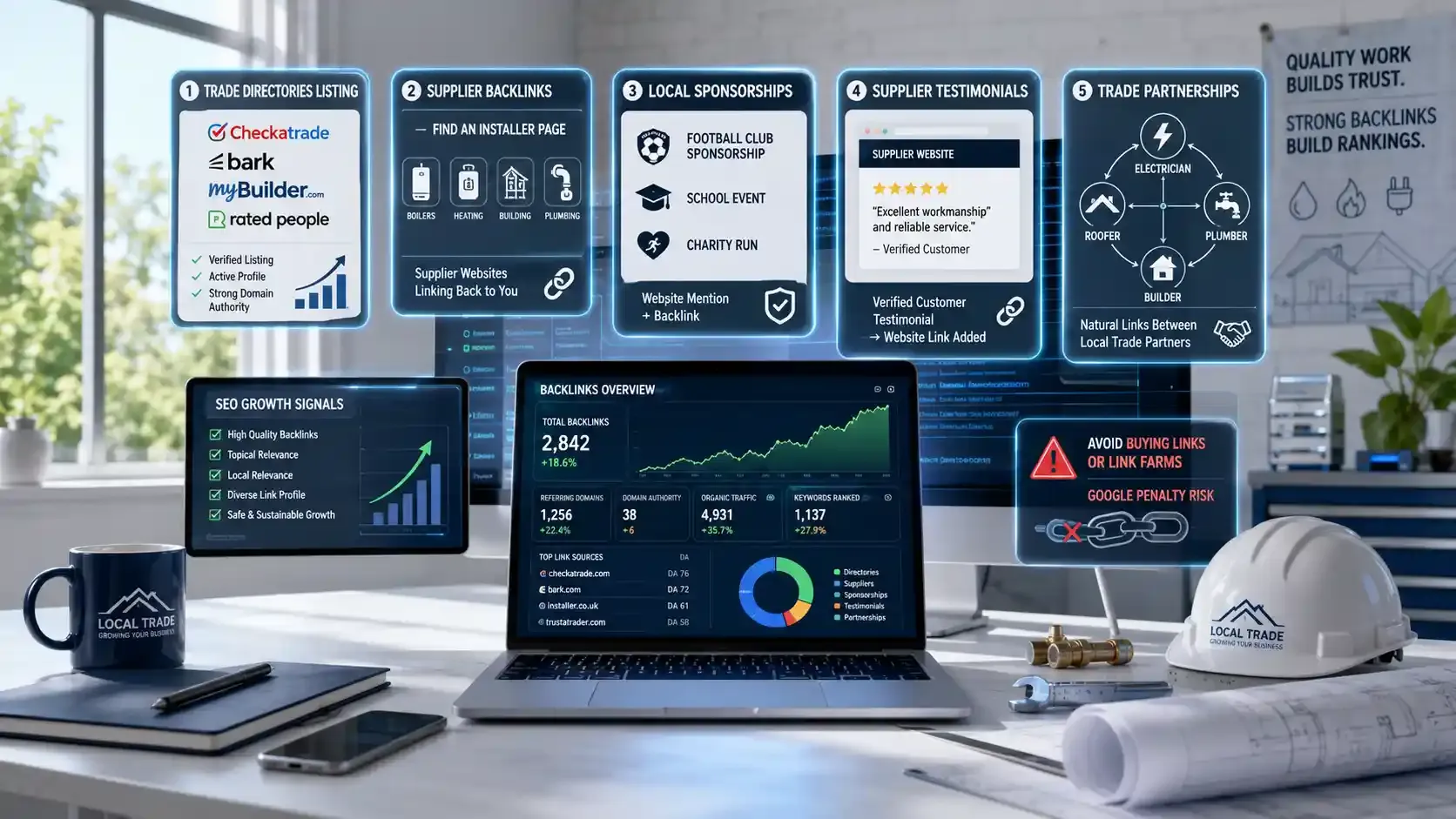 Local trade business backlink strategy workspace with SEO growth dashboard.