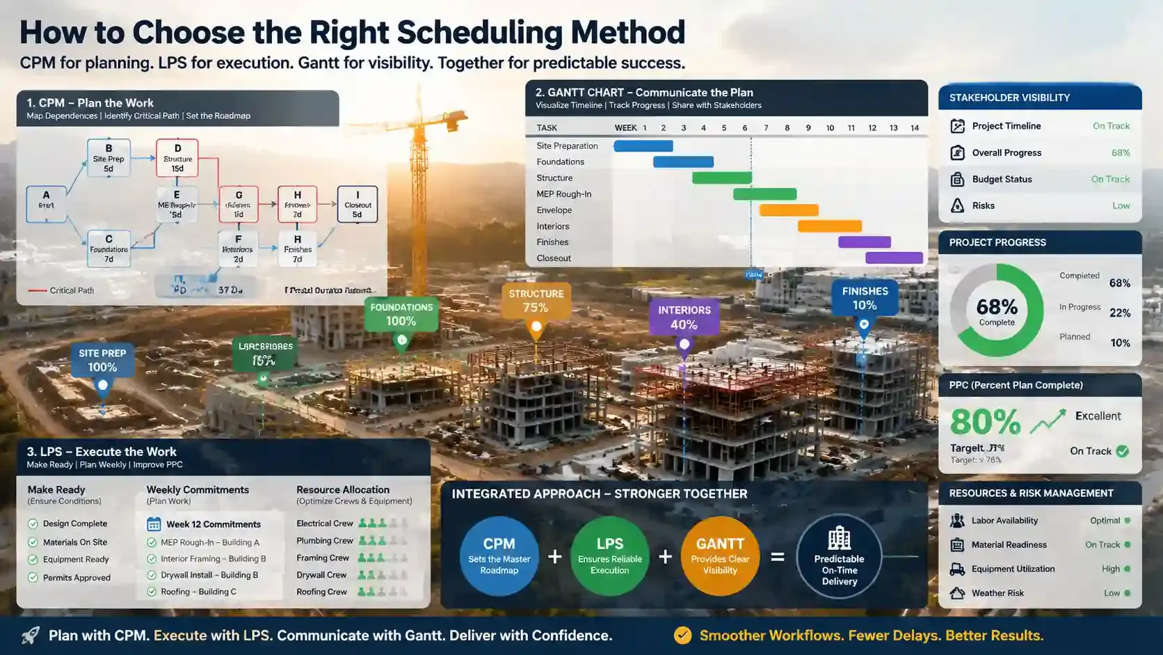 Construction scheduling infographic showing CPM, Gantt, and LPS workflow overview.