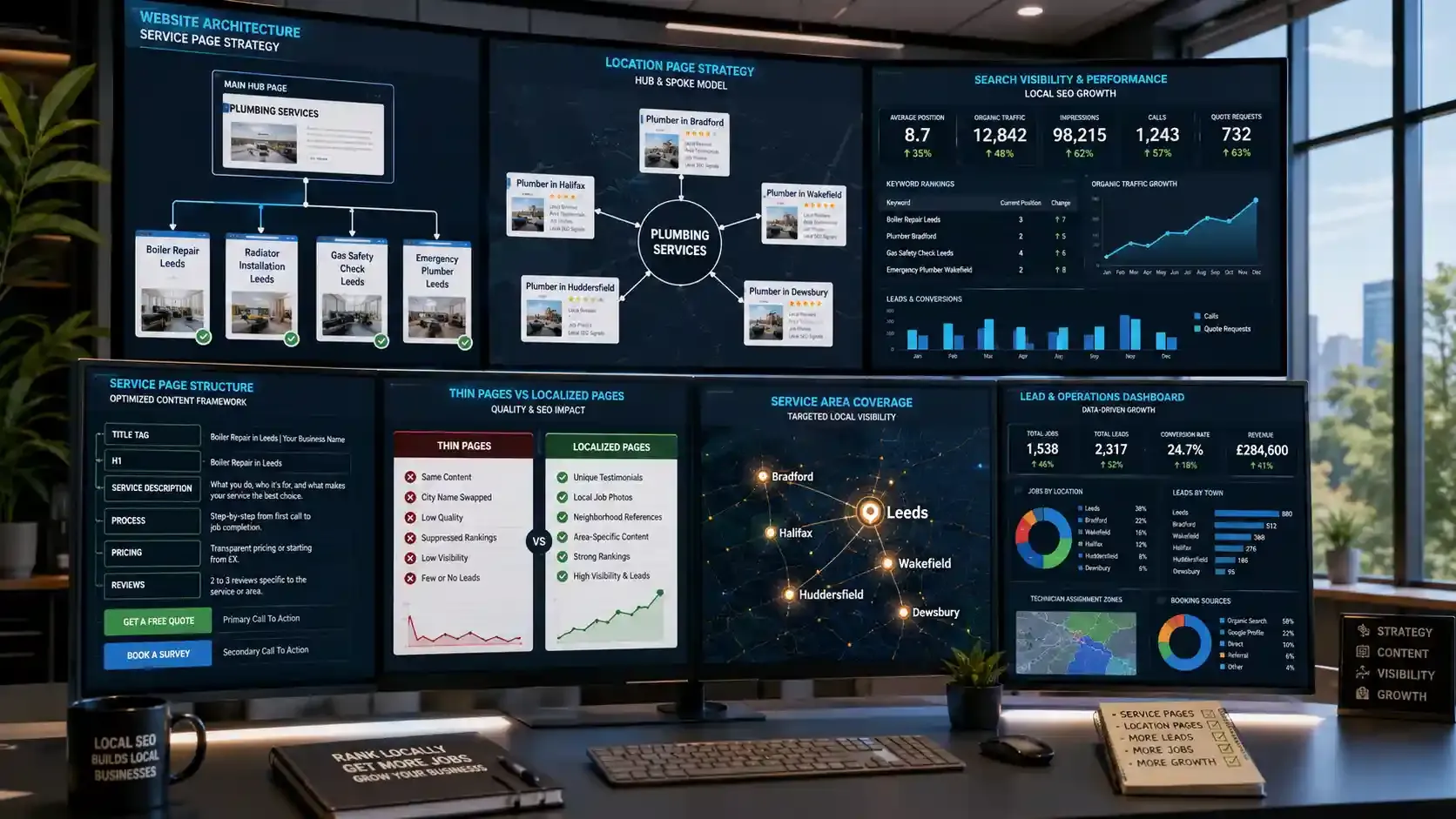 SEO command center dashboard showing local service pages and ranking maps