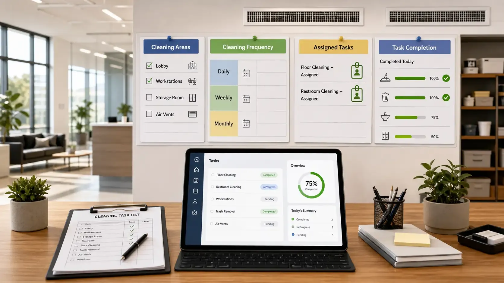 Modern office cleaning schedule board with checklist and task dashboard