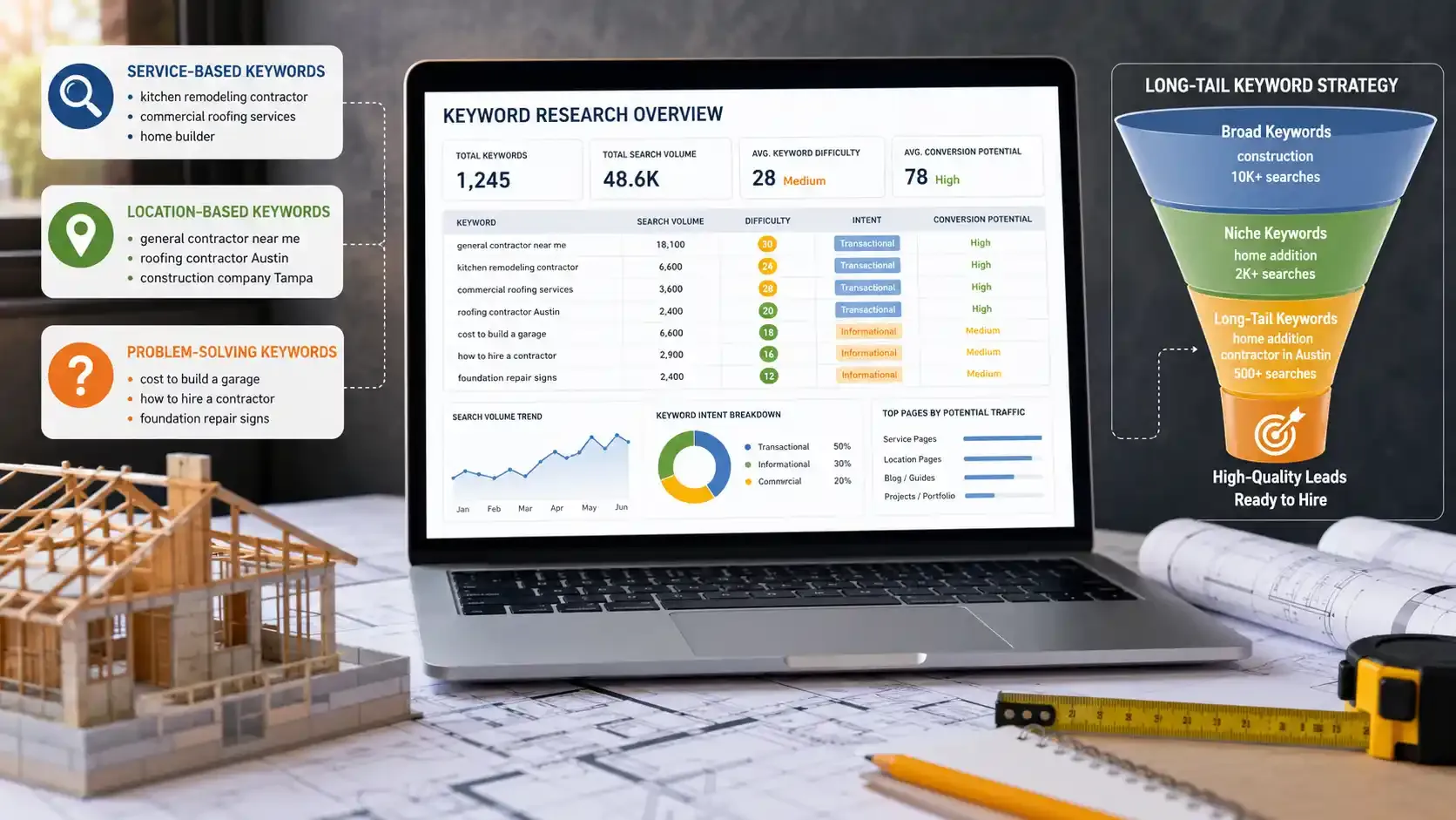 Construction SEO keyword research dashboard with search data and strategy tools