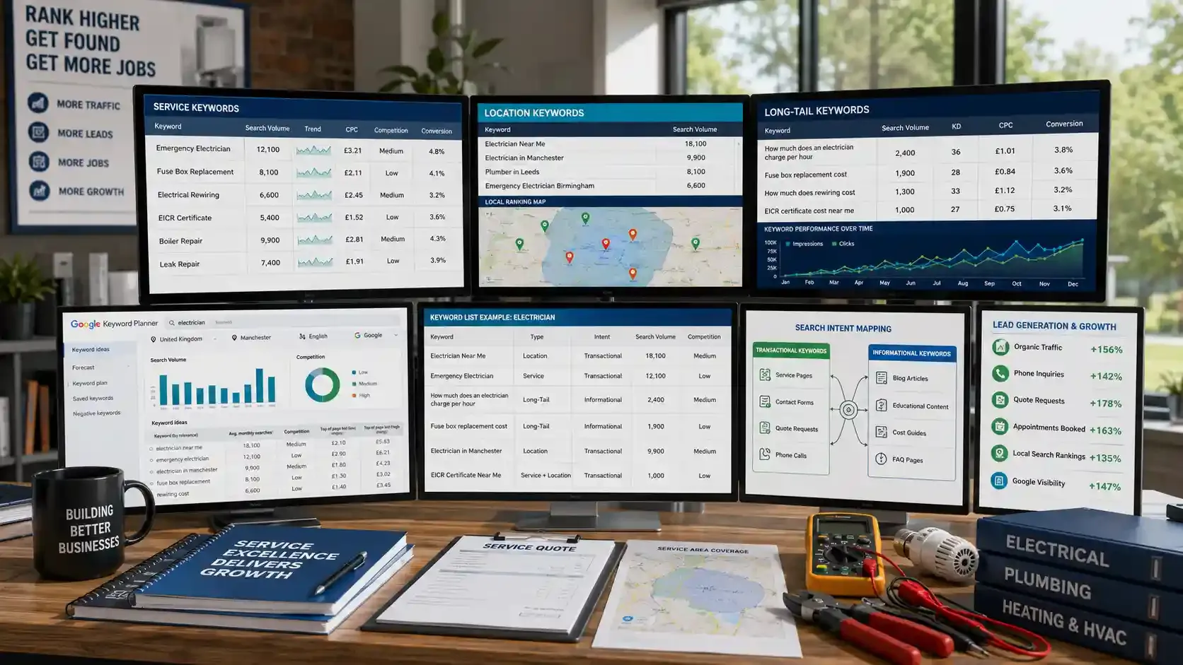 Modern SEO dashboard workspace showing keyword research for a trades business
