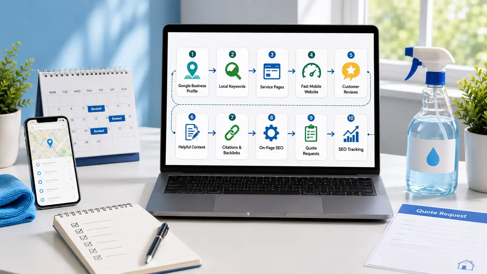 Cleaning business SEO workflow dashboard on a bright, modern desk