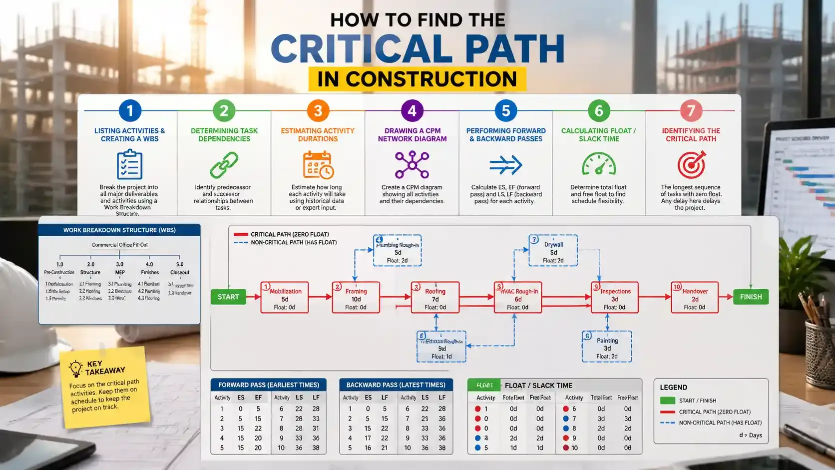 Construction critical path diagram showing WBS, dependencies, and float 