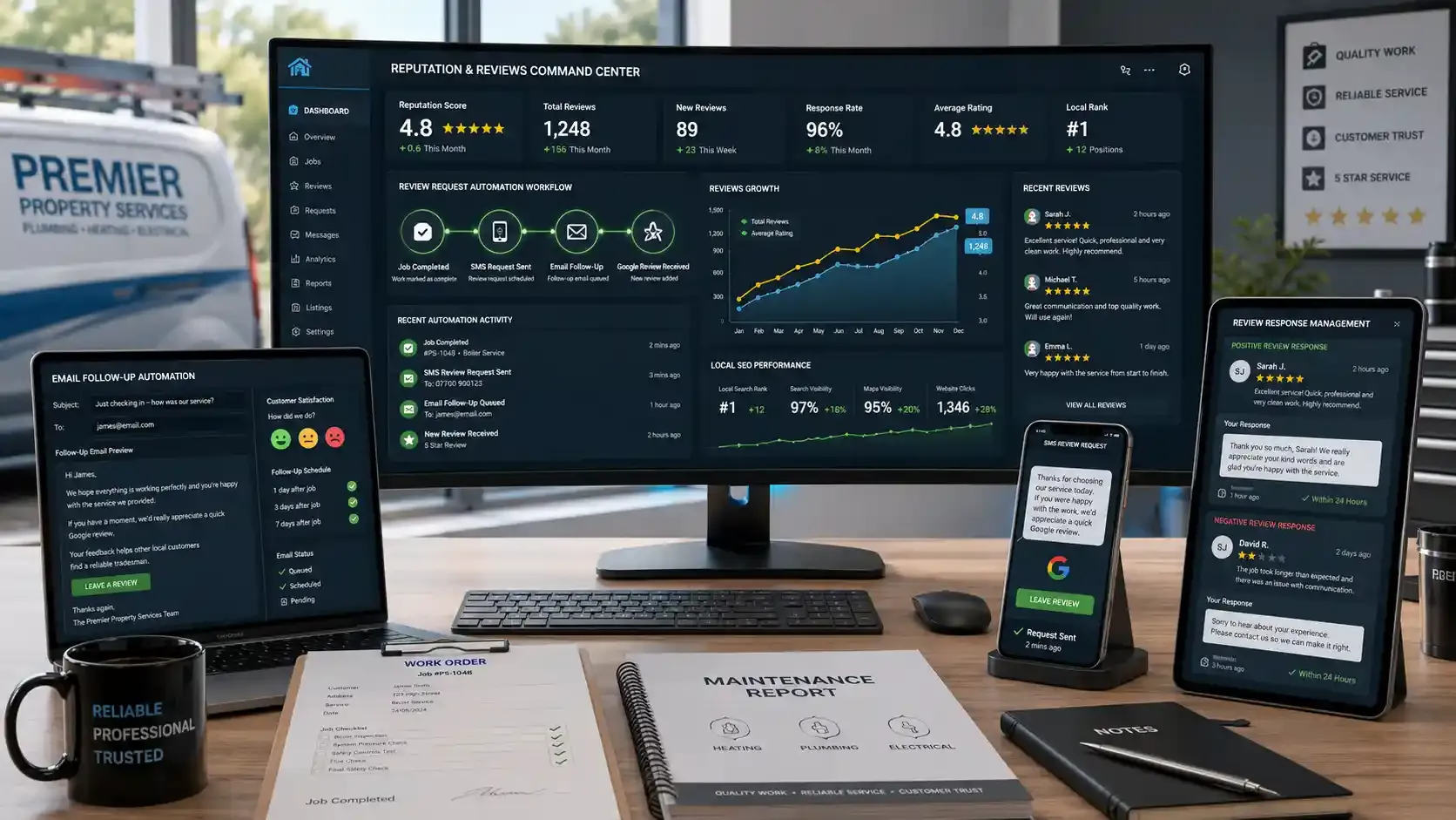 Review automation dashboard showing Google review growth and local SEO gains for tradesman